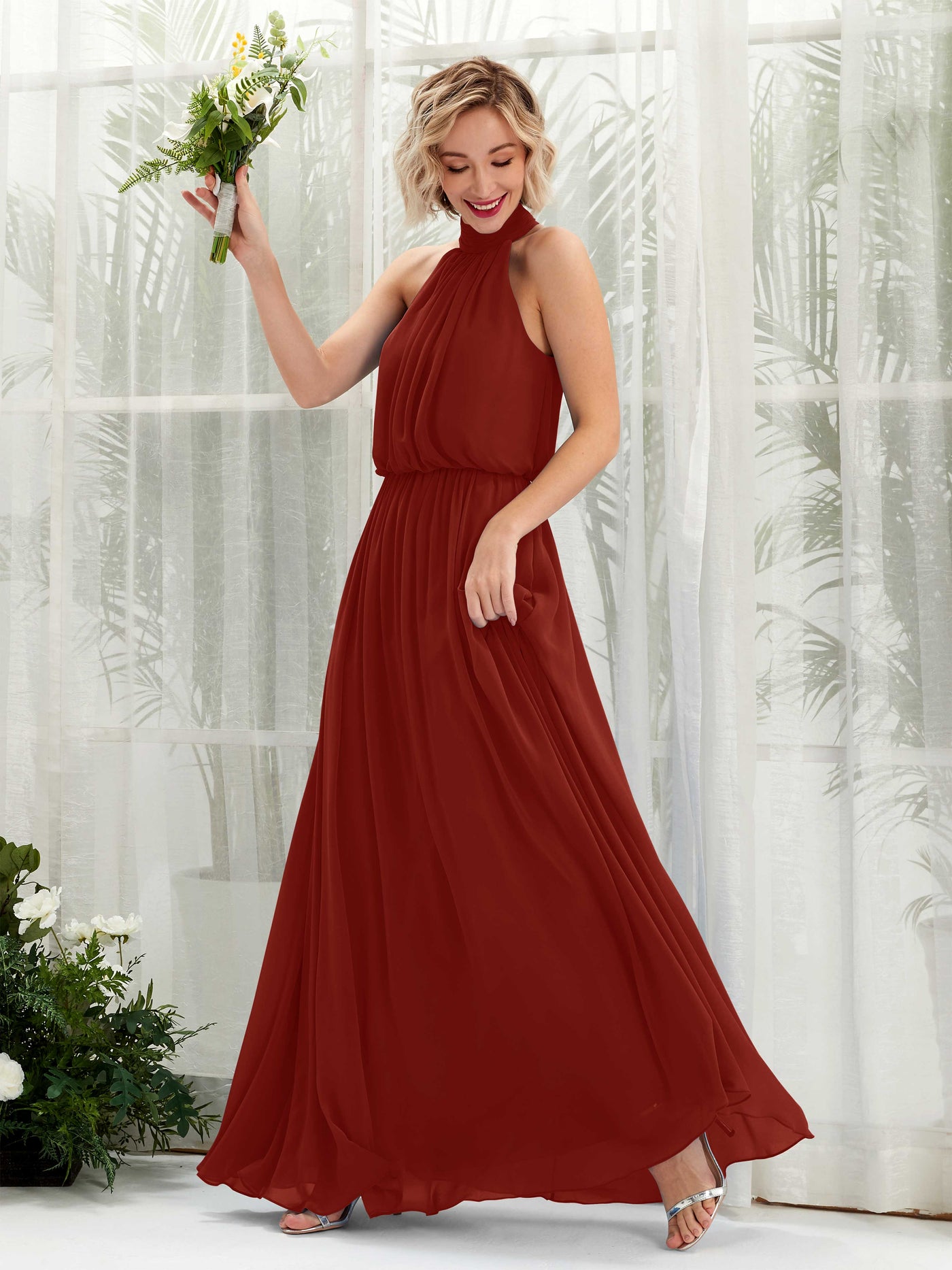 Carlyna Robe trapèze avec col rond longueur ras du sol en mousseline robes de demoiselle d'honneur Rouille #couleur_rouille
