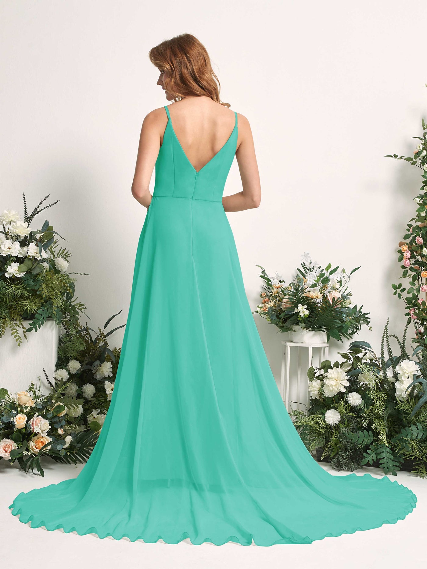 Carlyna Robe trapèze avec col V et fente sur la jambe longueur ras du sol demoiselle d'honneur Bleu Tiffany #couleur_bleu-tiffany