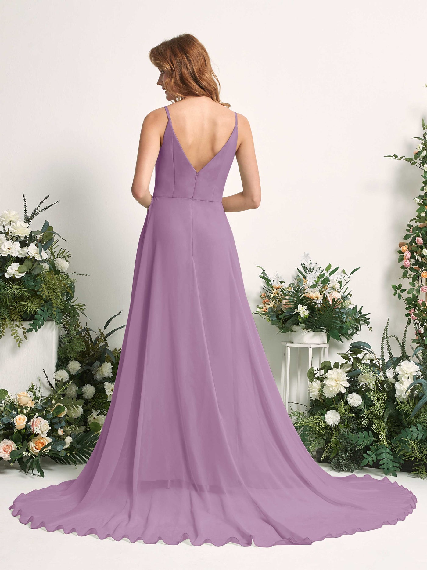 Carlyna Robe trapèze avec col V et fente sur la jambe longueur ras du sol demoiselle d'honneur Brume Orchidée #couleur_brume-orchid-e
