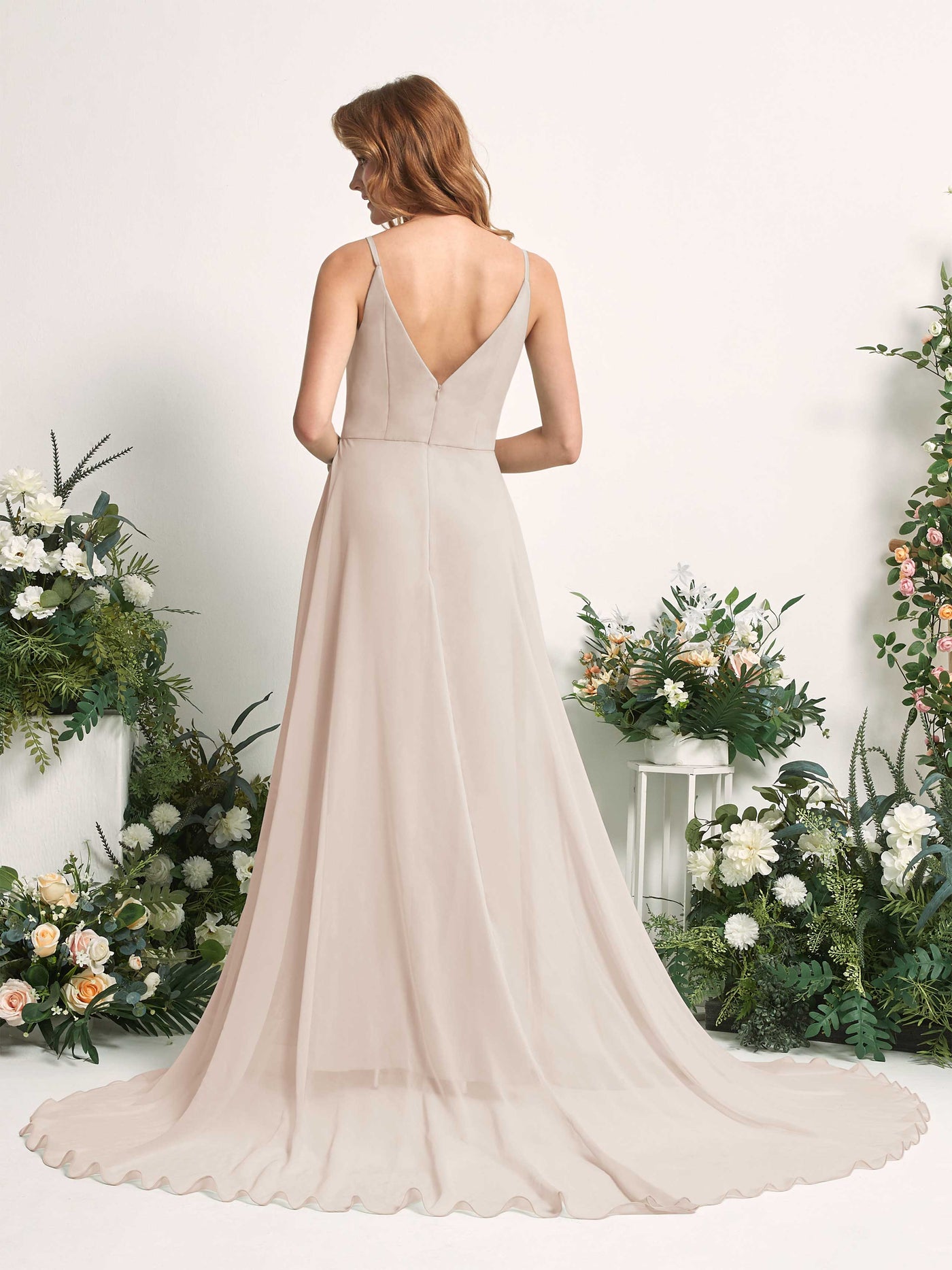 Carlyna Robe trapèze avec col V et fente sur la jambe longueur ras du sol demoiselle d'honneur Champagne #couleur_champagne
