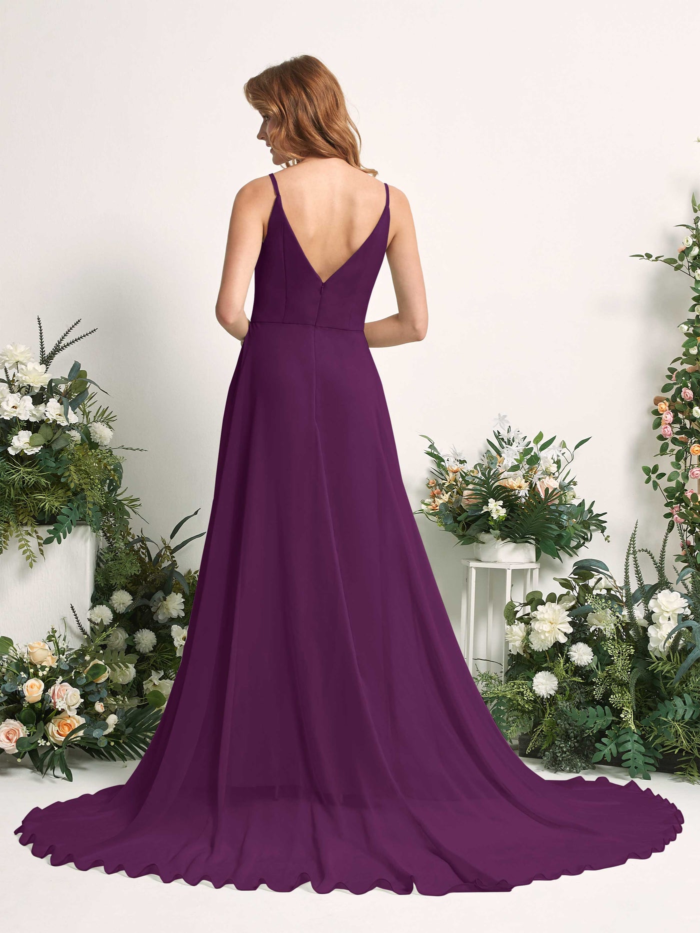 Carlyna Robe trapèze avec col V et fente sur la jambe longueur ras du sol demoiselle d'honneur Pourpre #couleur_pourpre