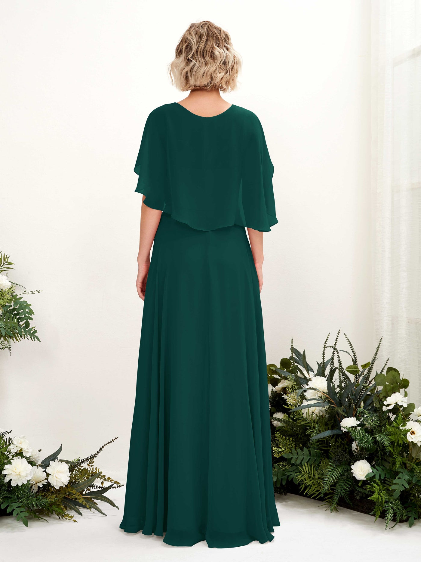 Carlyna Robe trapèze avec col V et manches cape longueur au sol robe de demoiselle d'honneur Émeraude Foncé #couleur_meraude-fonc