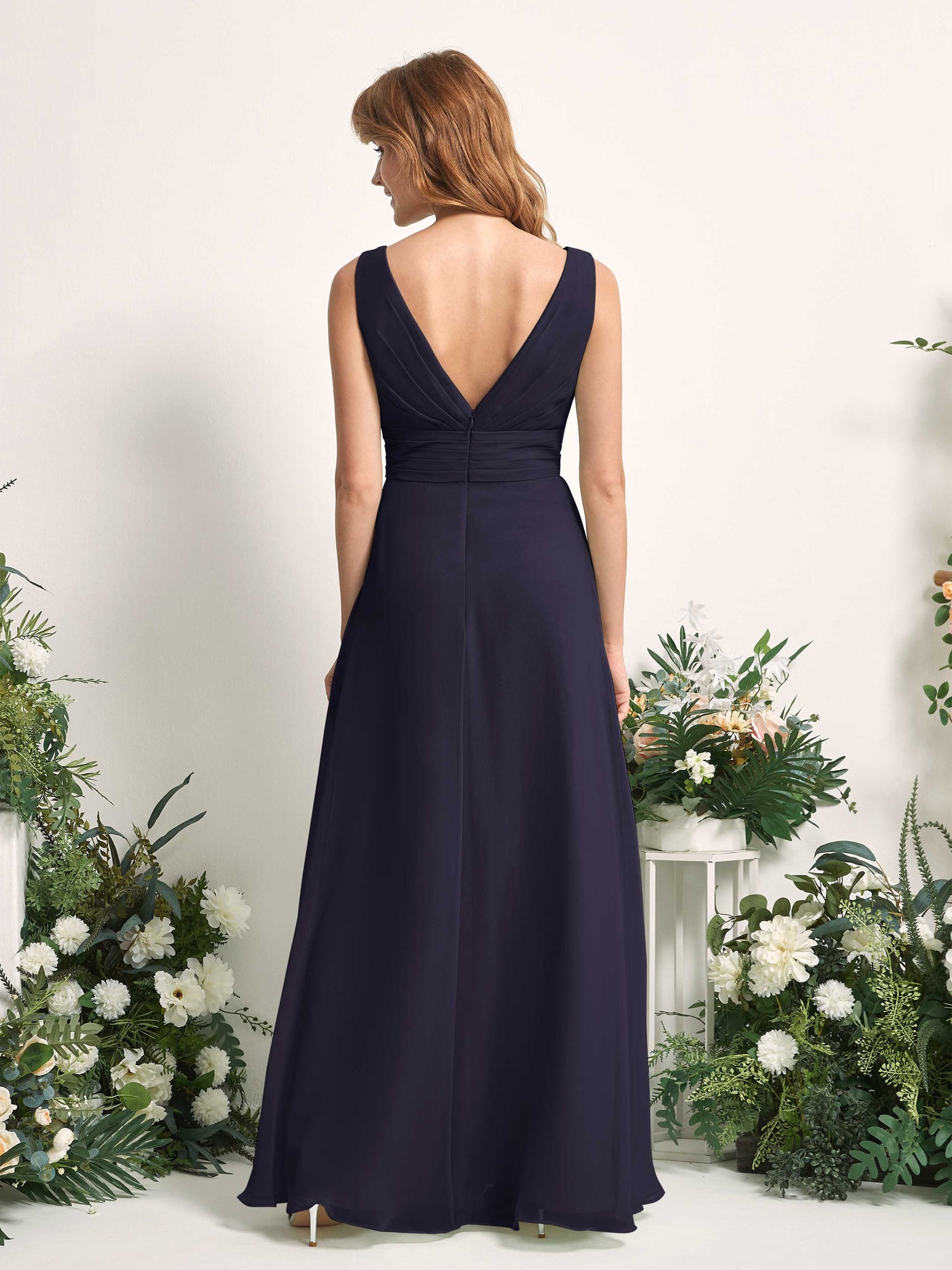 Carlyna Robe trapèze avec col V longueur ras du sol robe de demoiselle d'honneur Bleu Marine Foncé #couleur_bleu-marine-fonc