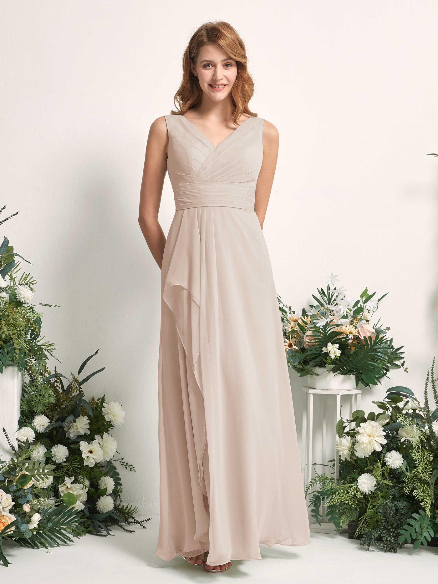 Carlyna Robe trapèze avec col V longueur ras du sol robe de demoiselle d'honneur Champagne #couleur_champagne