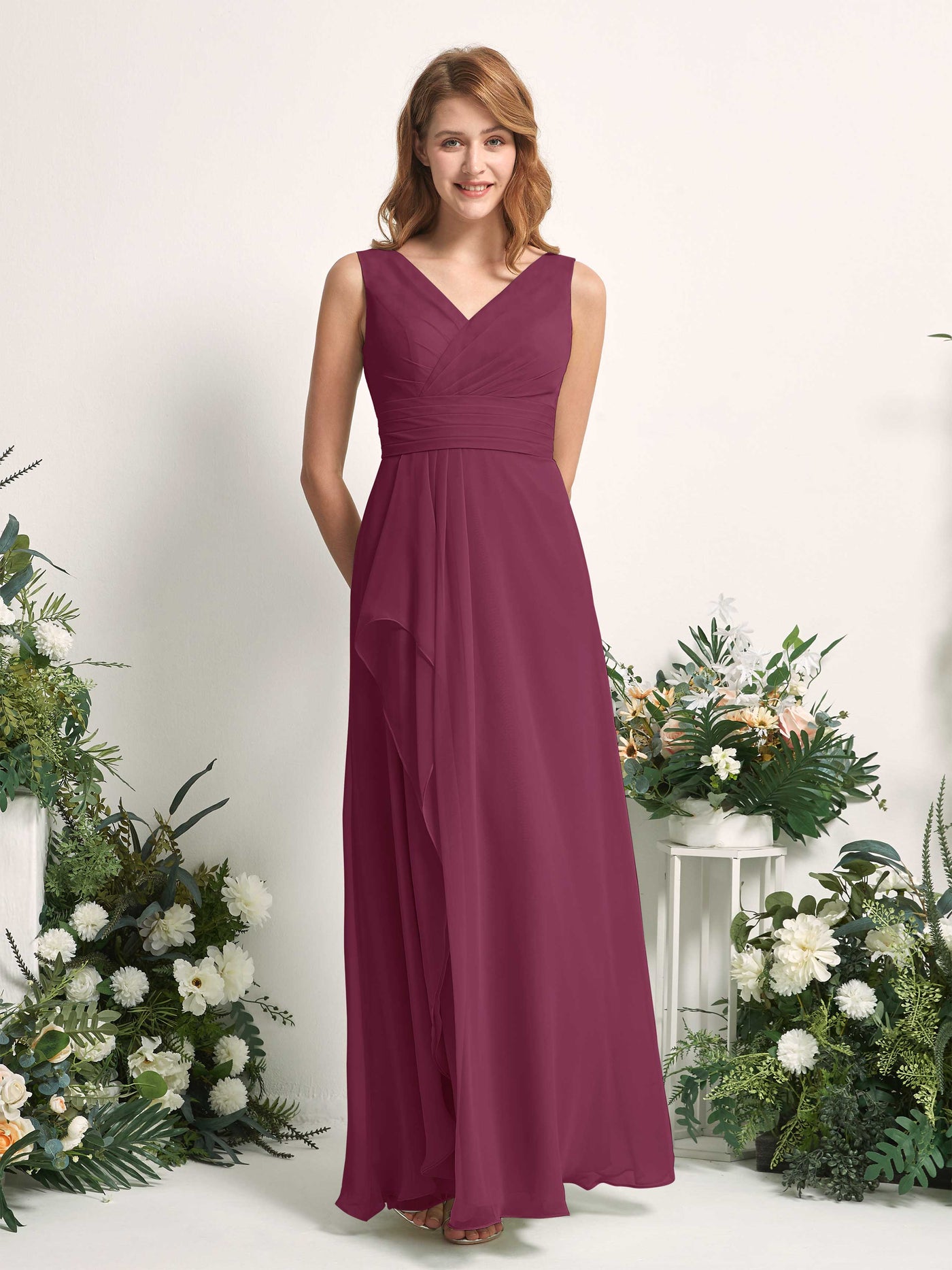 Carlyna Robe trapèze avec col V longueur ras du sol robe de demoiselle d'honneur Chianti #couleur_chianti