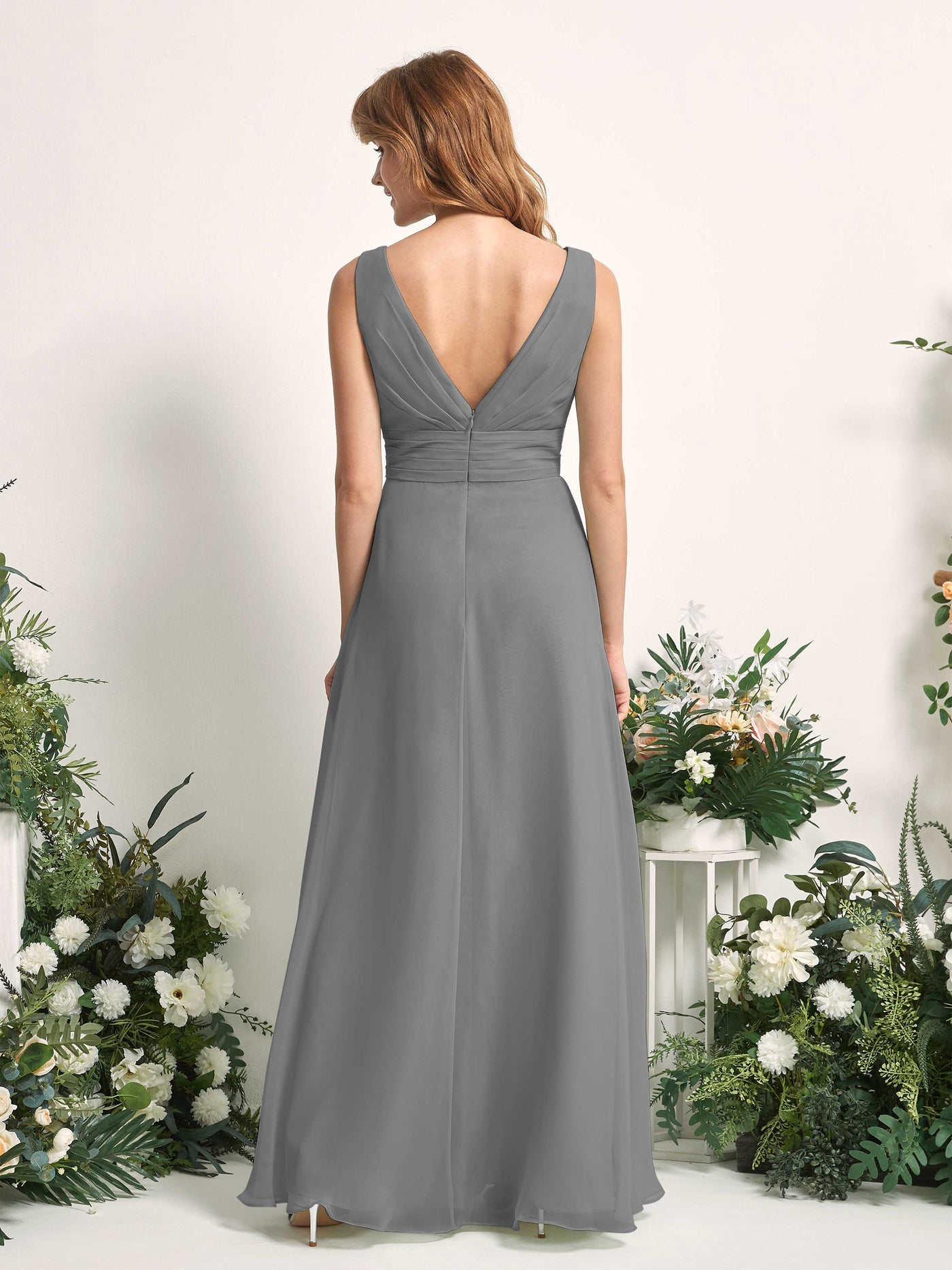 Carlyna Robe trapèze avec col V longueur ras du sol robe de demoiselle d'honneur Gris Acier #couleur_gris-acier