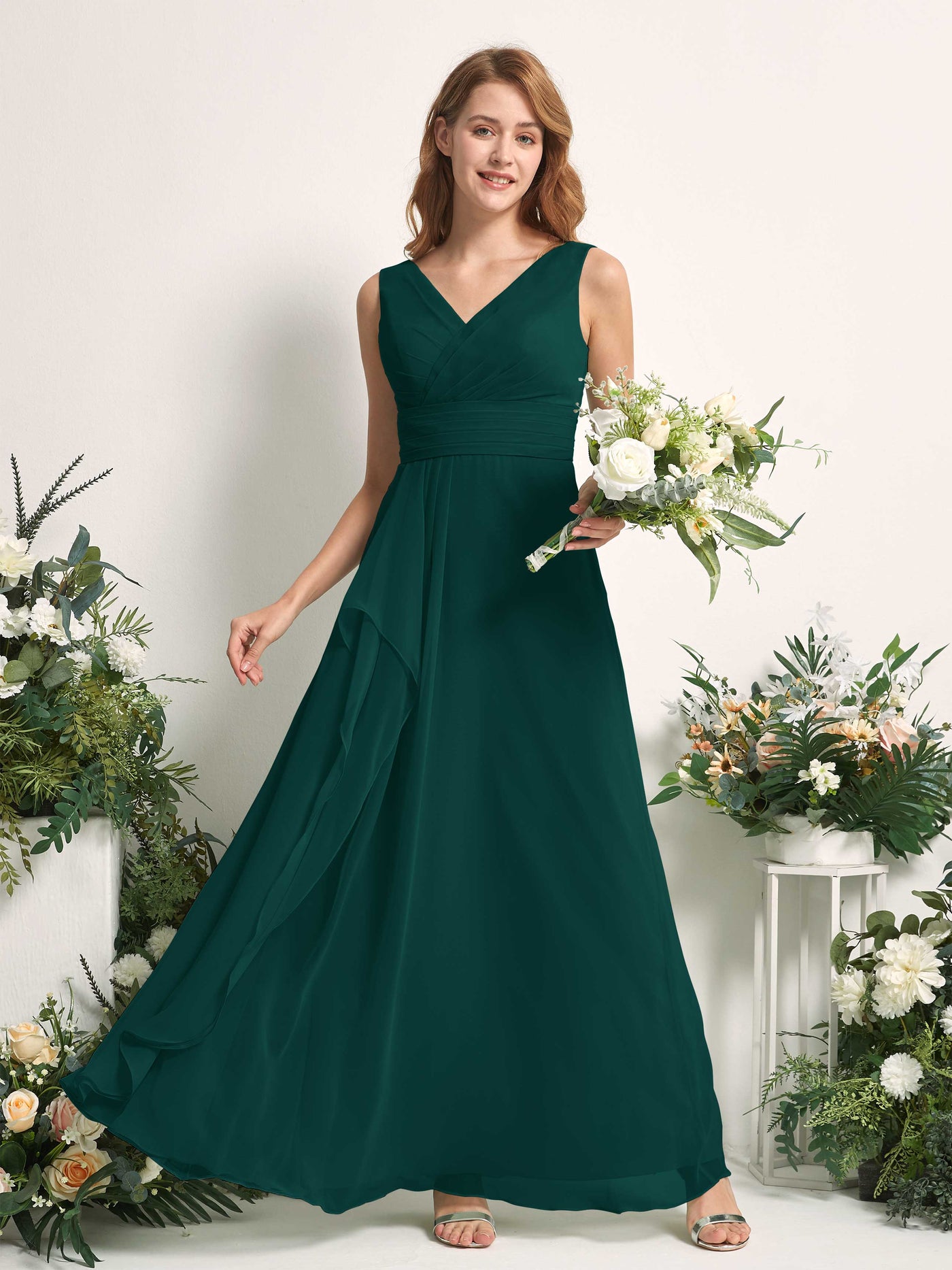 Carlyna Robe trapèze avec col V longueur ras du sol robe de demoiselle d'honneur Émeraude Foncé #couleur_meraude-fonc