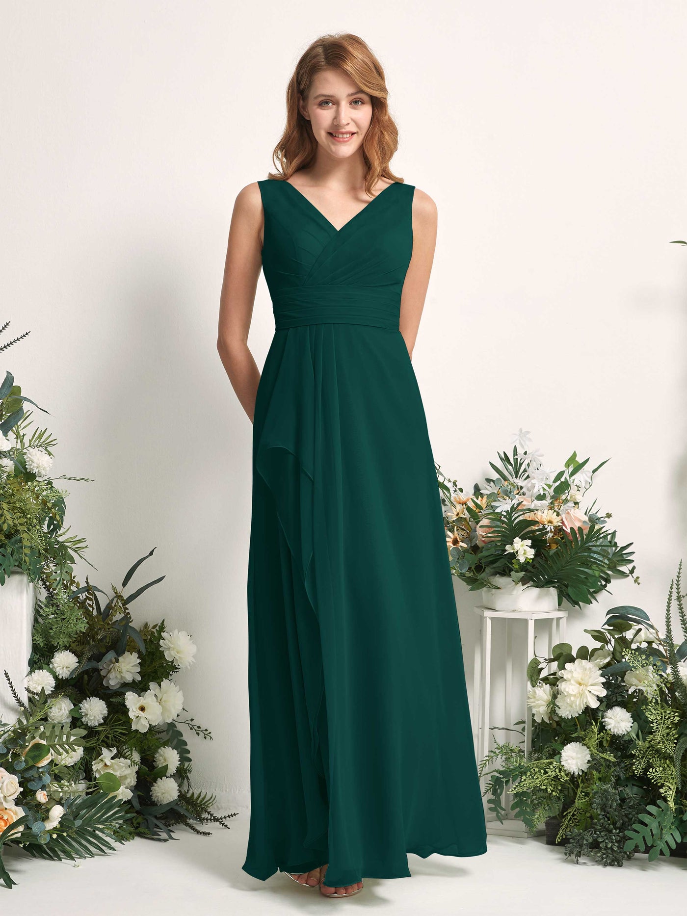 Carlyna Robe trapèze avec col V longueur ras du sol robe de demoiselle d'honneur Émeraude Foncé #couleur_meraude-fonc