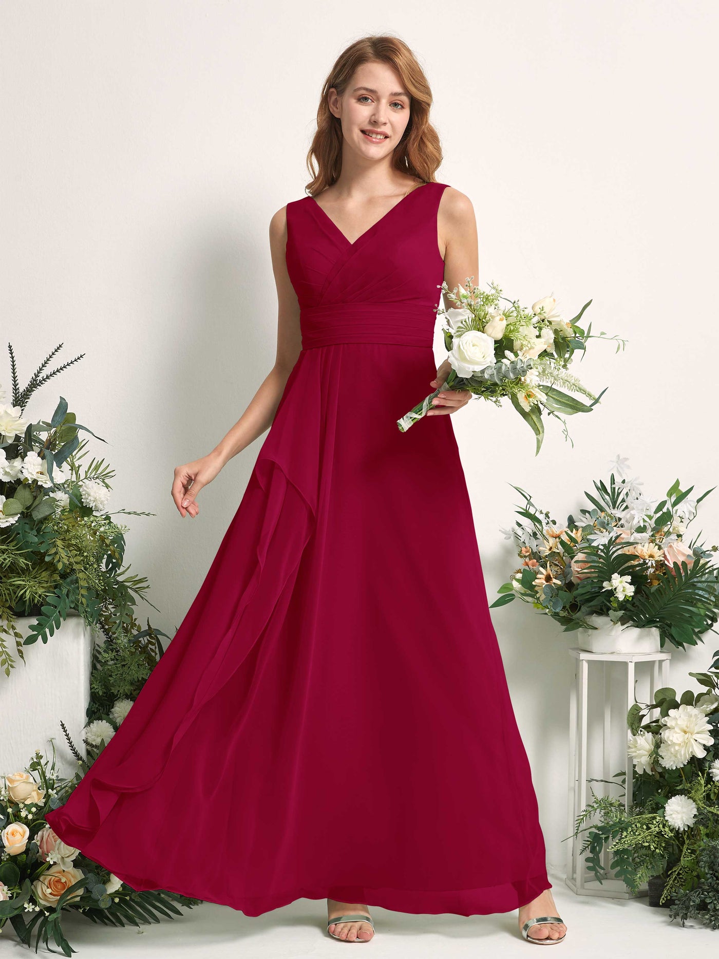 Carlyna Robe trapèze avec col V longueur ras du sol robe de demoiselle d'honneur Rouge Bouffon #couleur_rouge-bouffon