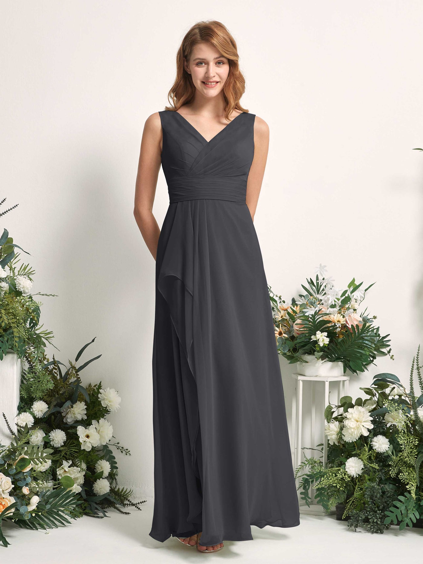 Carlyna Robe trapèze avec col V longueur ras du sol robe de demoiselle d'honneur Étain #couleur_tain