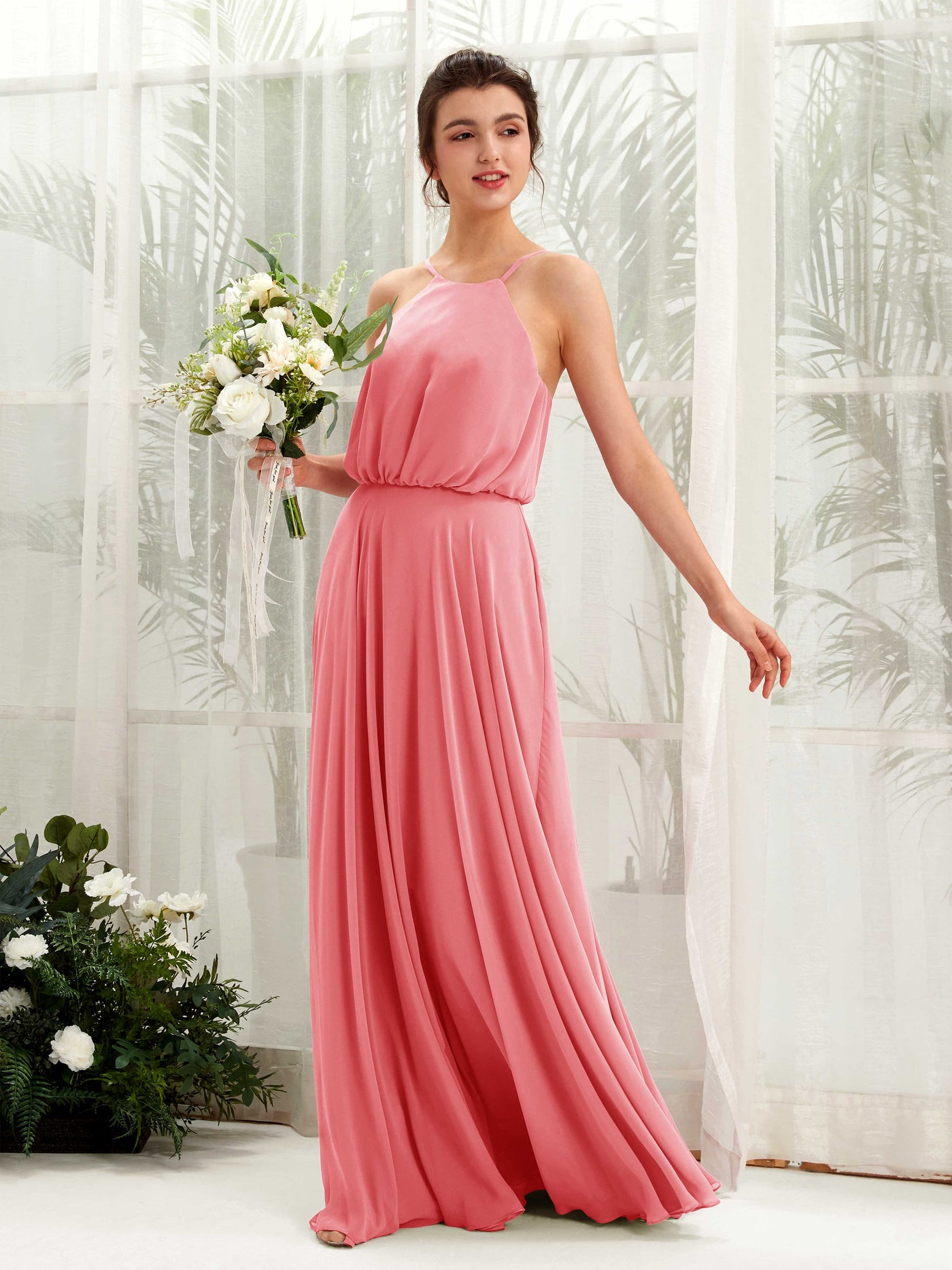Carlyna Robe trapèze bretelles spaghetti mousseline longueur ras du sol Rose Corail #couleur_rose-corail