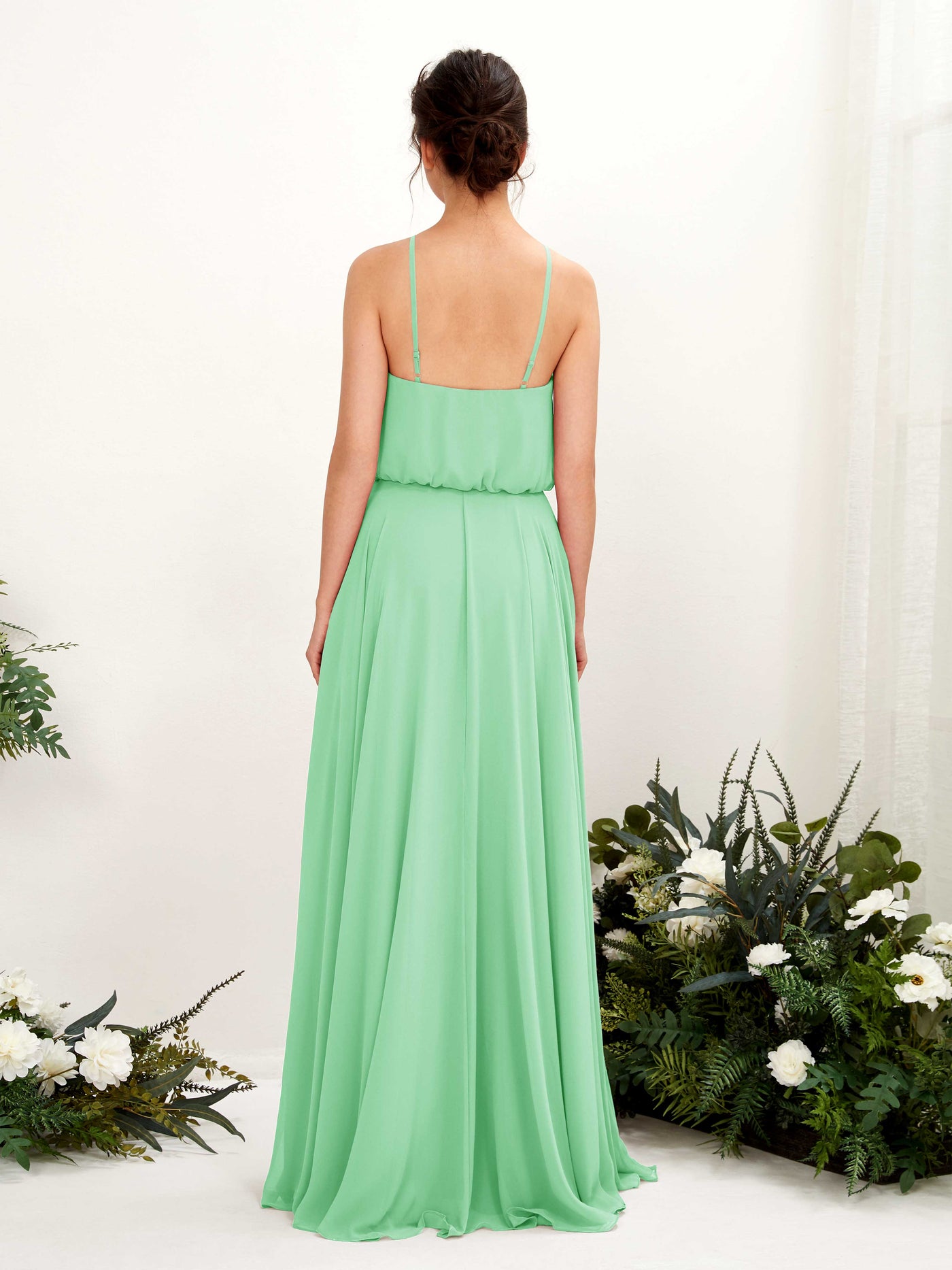 Carlyna Robe trapèze bretelles spaghetti mousseline longueur ras du sol Vert Menthe #couleur_vert-menthe