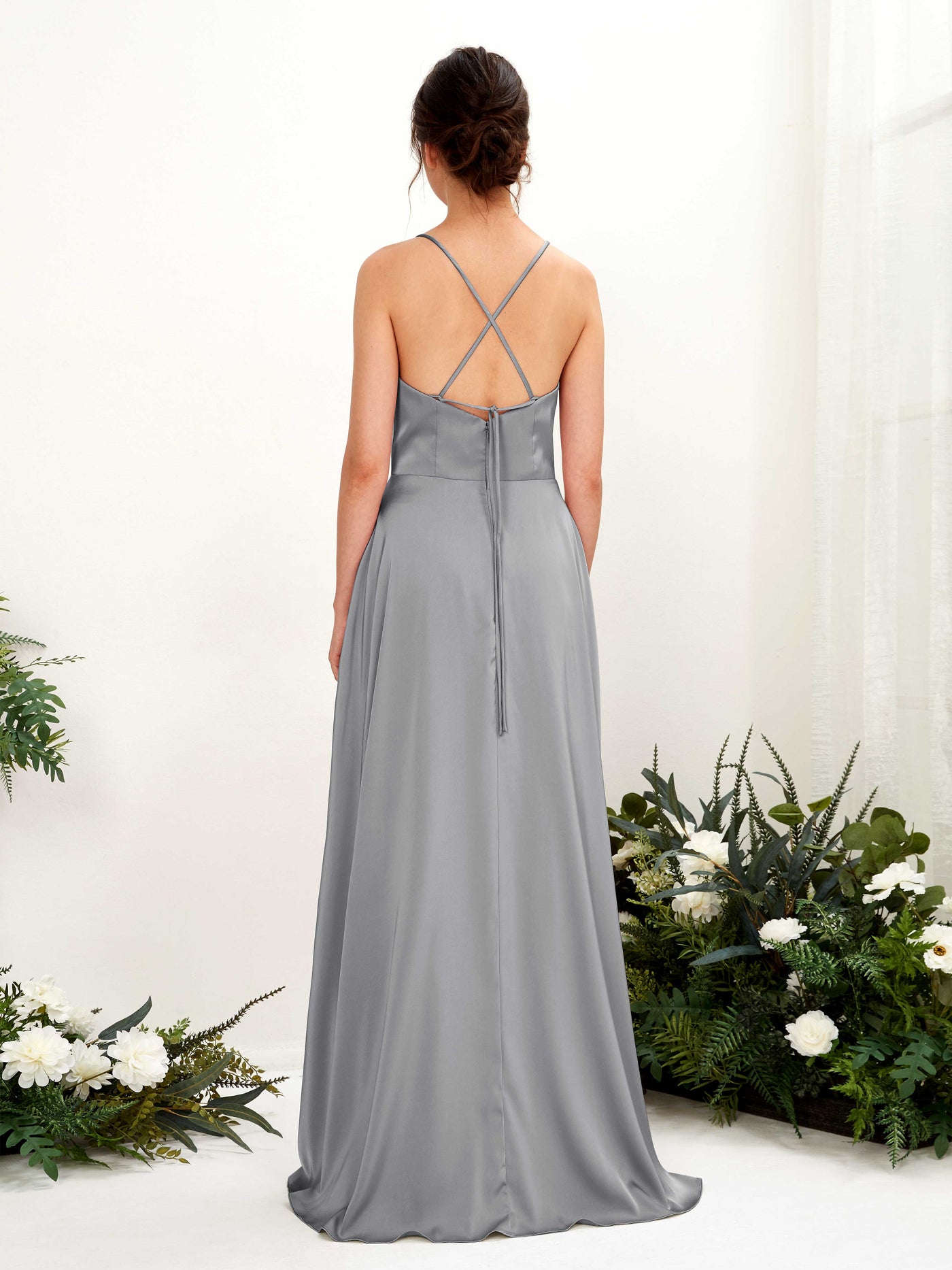 Carlyna Robe Trapèze Col bénitier Longueur ras du sol avec fente sur la jambe Robe de demoiselle d'honneur Gris Acier #couleur_gris-acier