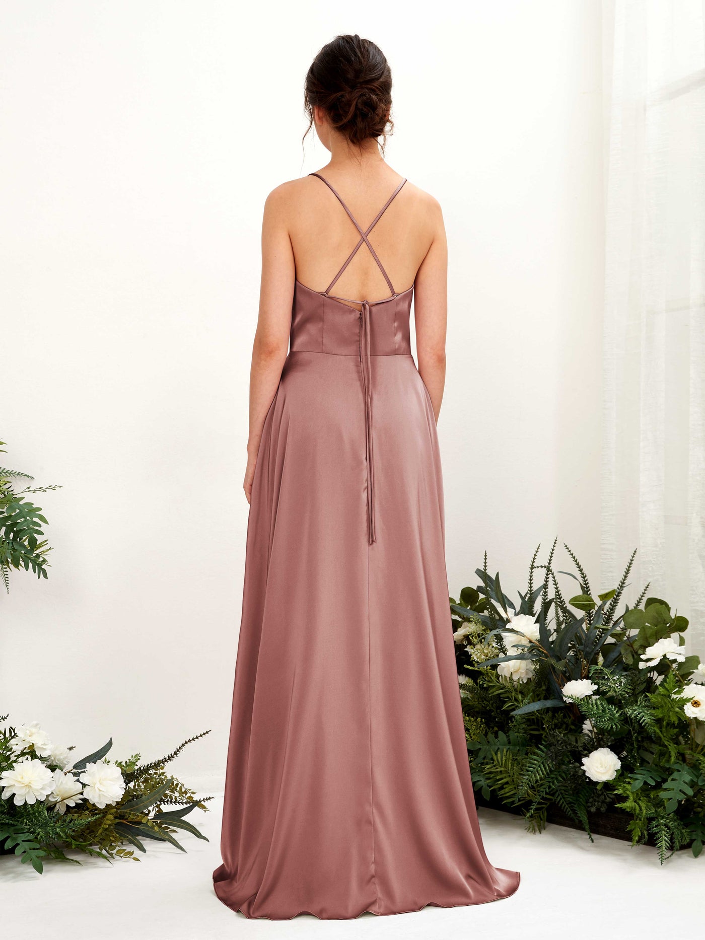 Carlyna Robe Trapèze Col bénitier Longueur ras du sol avec fente sur la jambe Robe de demoiselle d'honneur Rose Du Désert #couleur_rose-du-d-sert