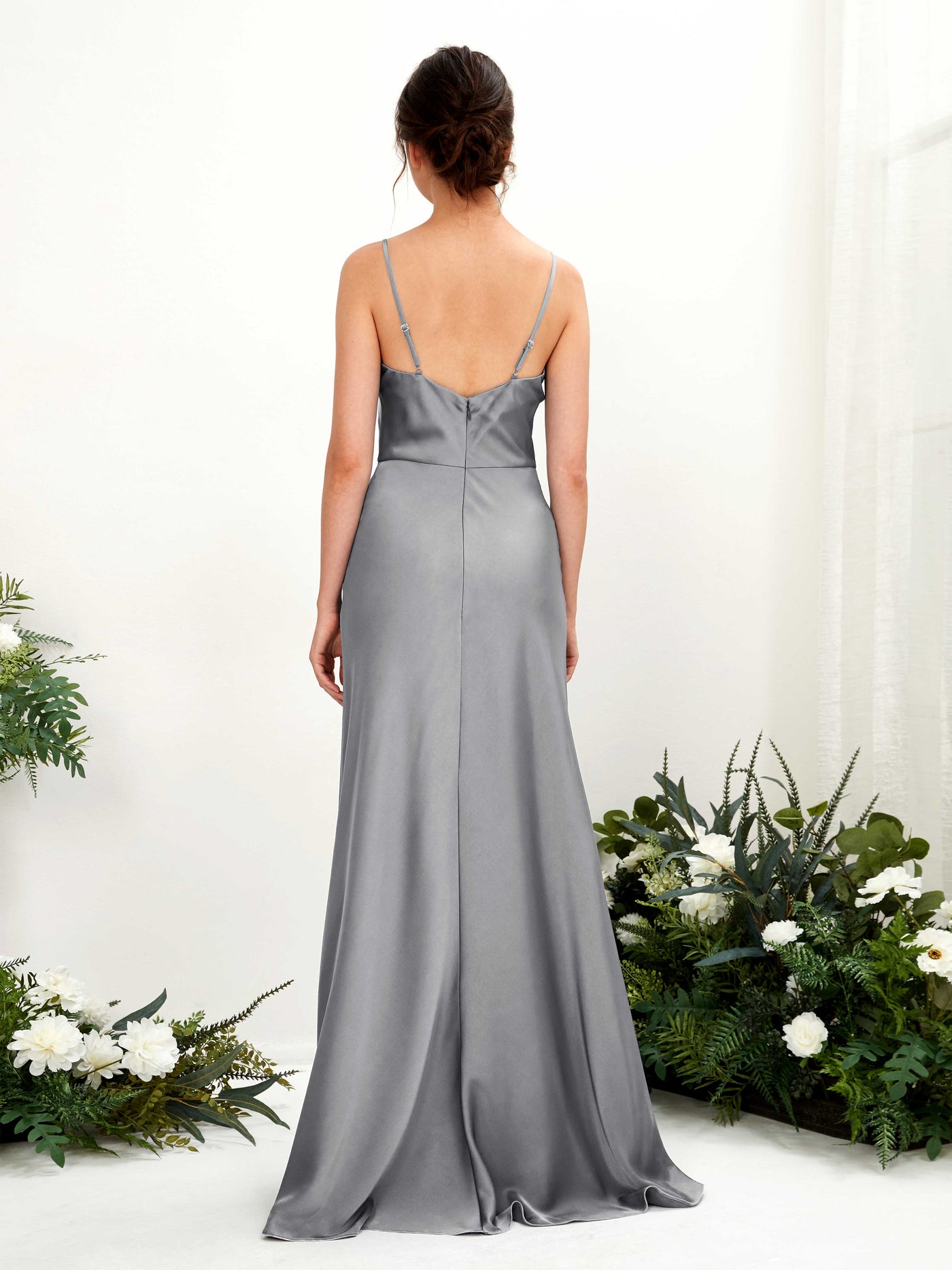 Carlyna Robe trapèze col bénitier longueur ras du sol demoiselle d'honneur Gris Acier #couleur_gris-acier