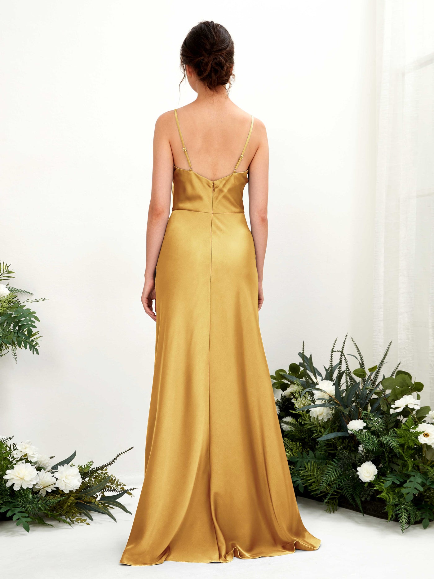Carlyna Robe trapèze col bénitier longueur ras du sol demoiselle d'honneur Jaune Canari #couleur_jaune-canari