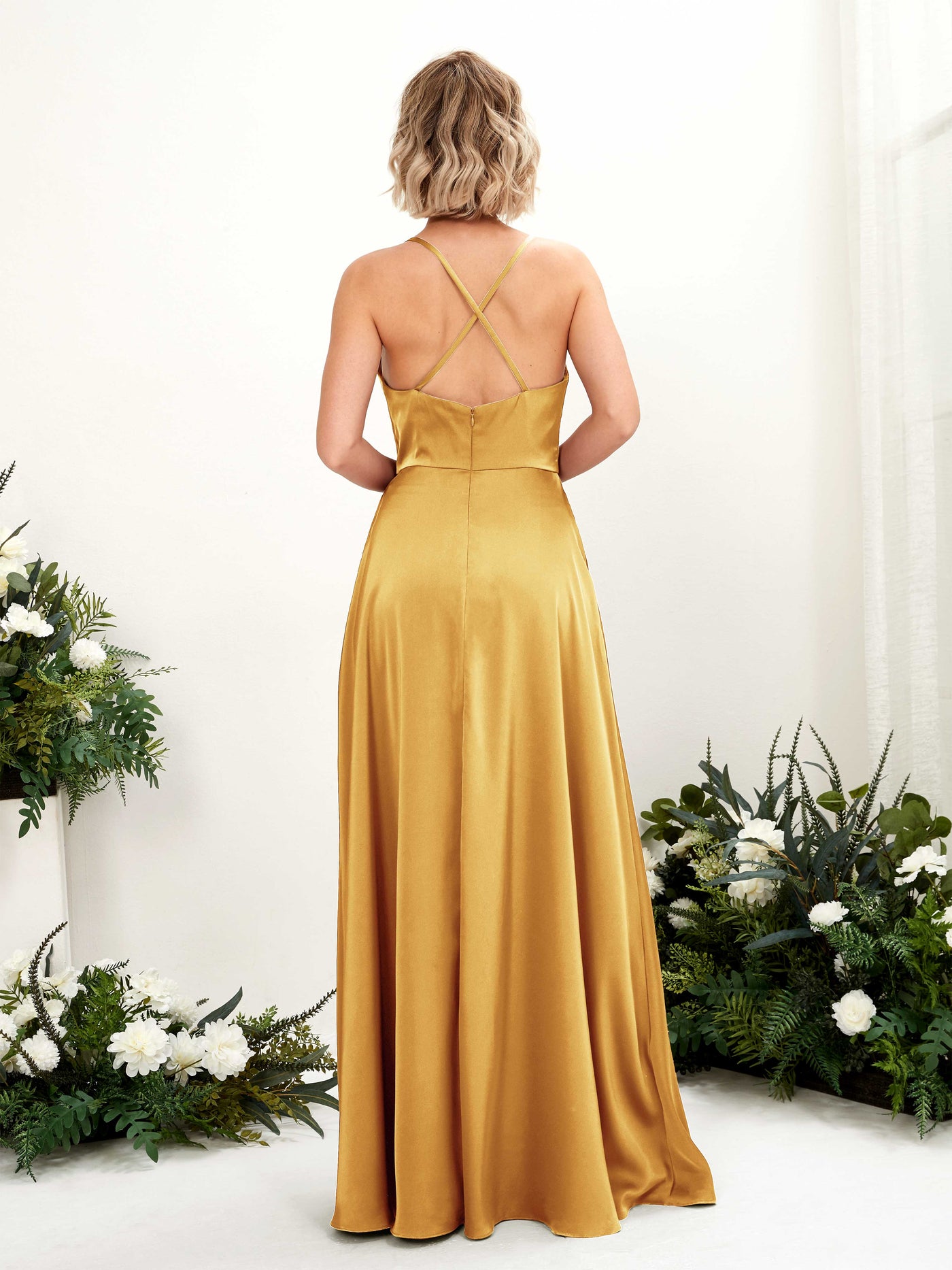 Carlyna Robe Trapèze Col bénitier Longueur ras du sol Robe de demoiselle d'honneur Jaune Canari #couleur_jaune-canari