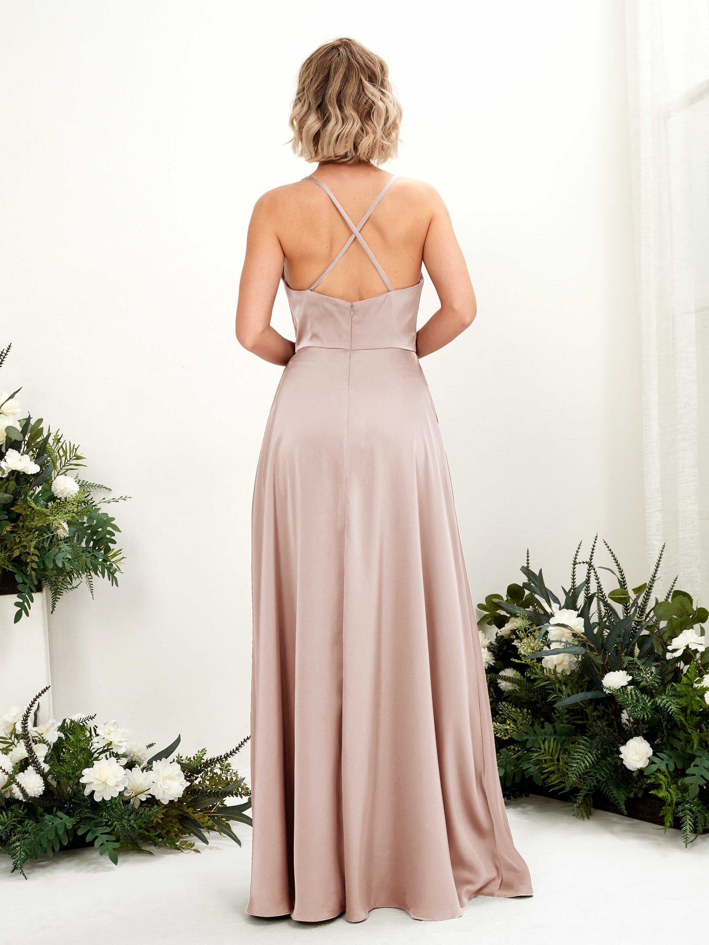 Carlyna Robe Trapèze Col bénitier Longueur ras du sol Robe de demoiselle d'honneur Rose Perle #couleur_rose-perle