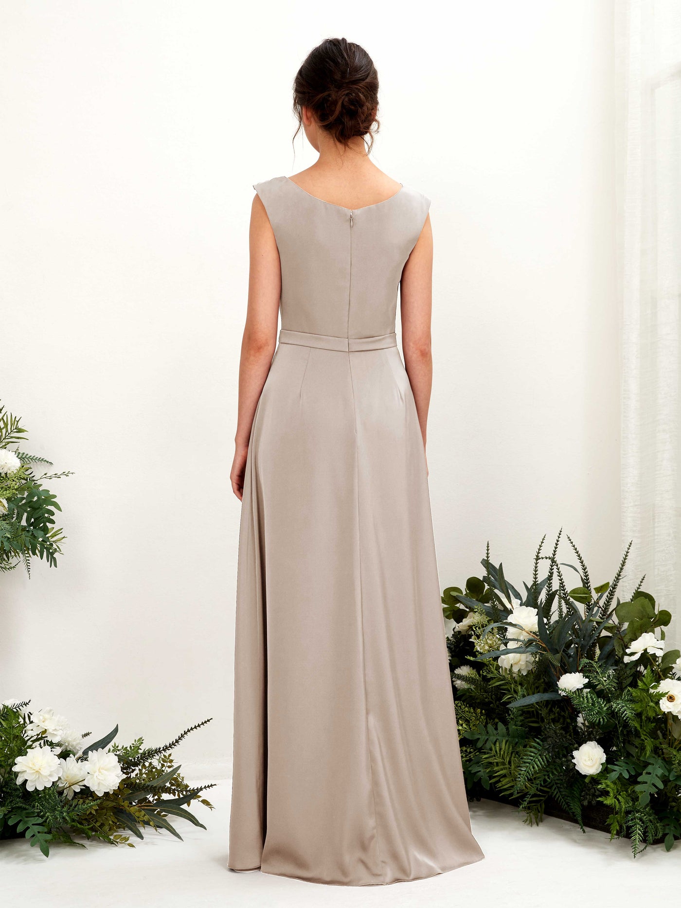 Carlyna Robe trapèze col bénitier satin longueur ras du sol demoiselle d'honneur Taupe #couleur_taupe
