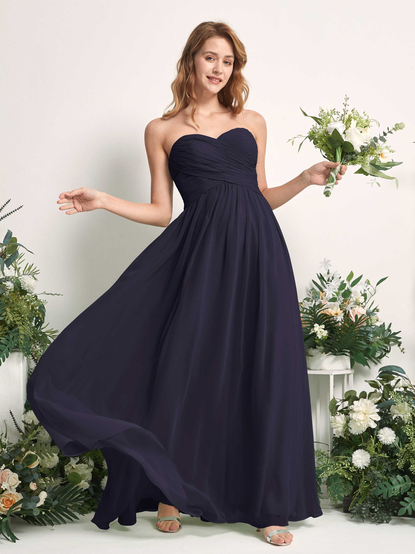 Carlyna Robe Trapèze Col cœur Longueur ras du sol Mousseline Froncé Demoiselle d'honneur Bleu Marine Foncé #couleur_bleu-marine-fonc