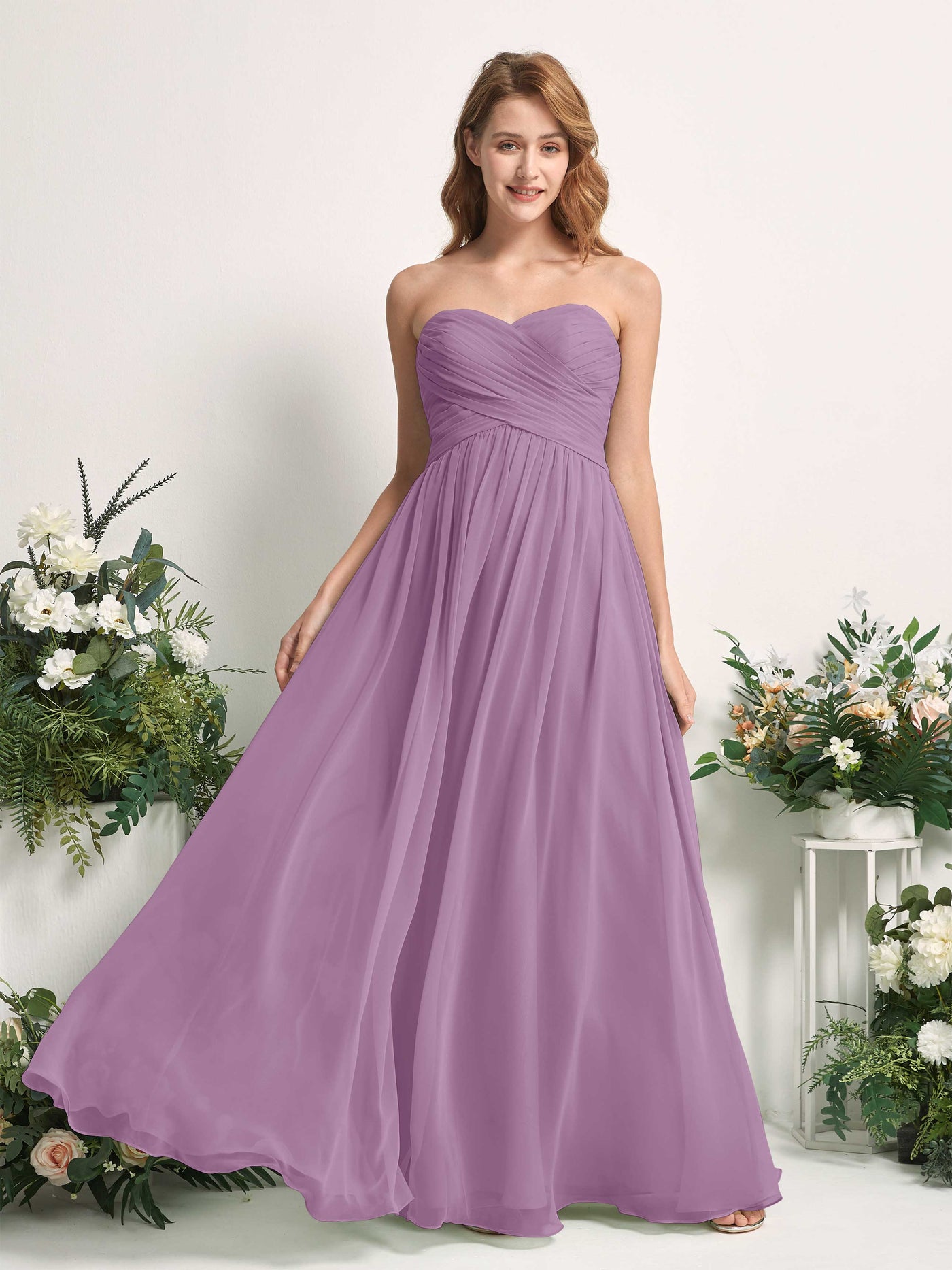 Carlyna Robe Trapèze Col cœur Longueur ras du sol Mousseline Froncé Demoiselle d'honneur Brume Orchidée #couleur_brume-orchid-e