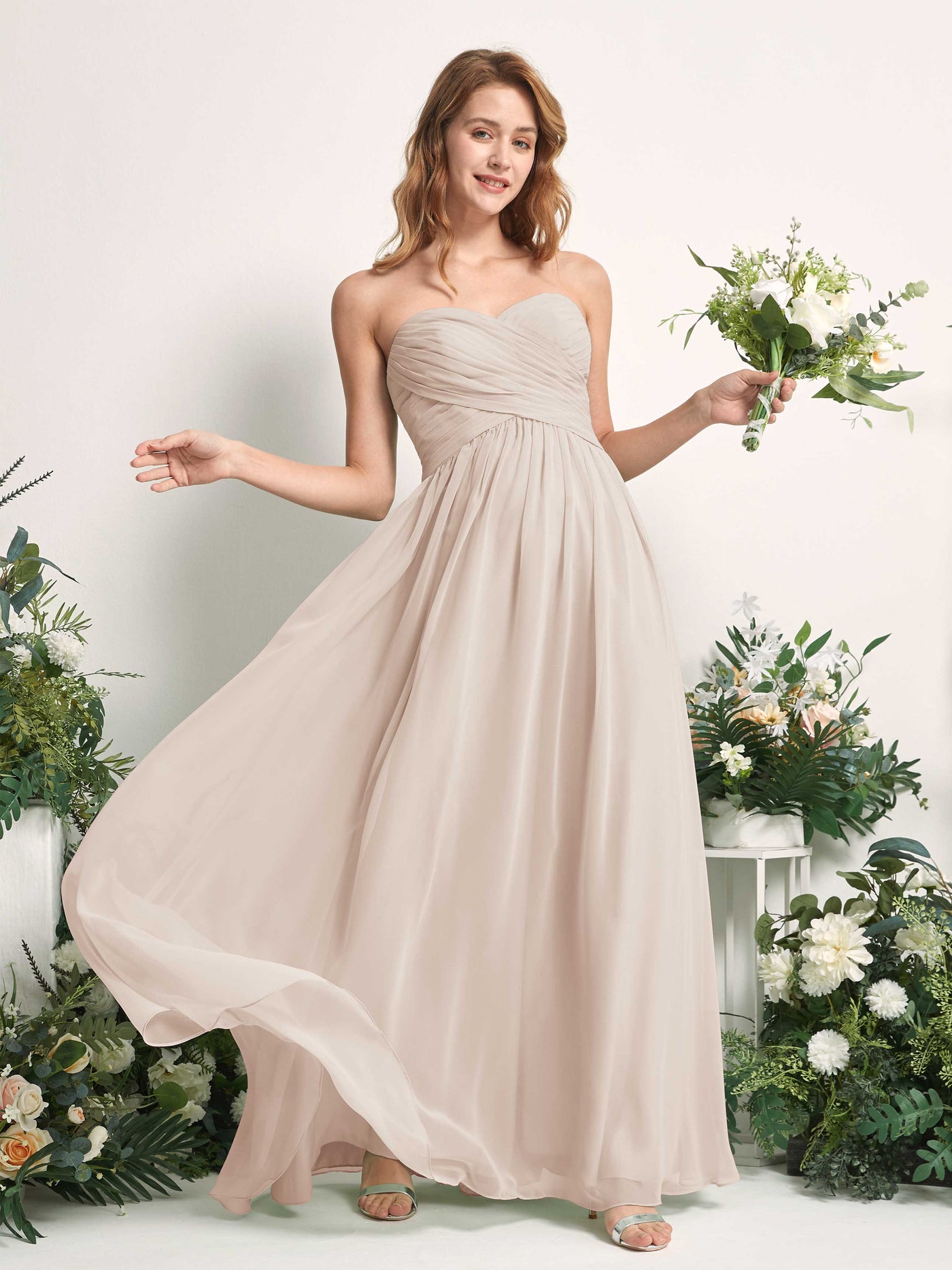 Carlyna Robe Trapèze Col cœur Longueur ras du sol Mousseline Froncé Demoiselle d'honneur Champagne #couleur_champagne