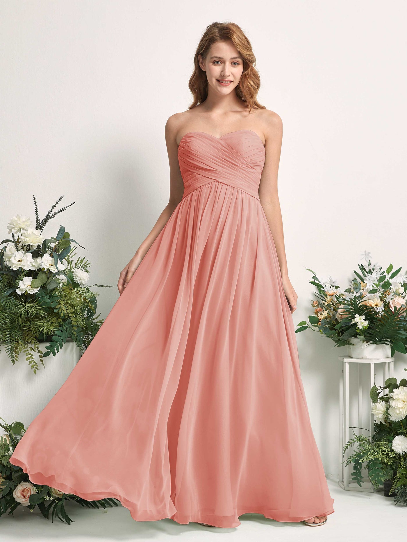 Carlyna Robe Trapèze Col cœur Longueur ras du sol Mousseline Froncé Demoiselle d'honneur Rose Champagne #couleur_rose-champagne
