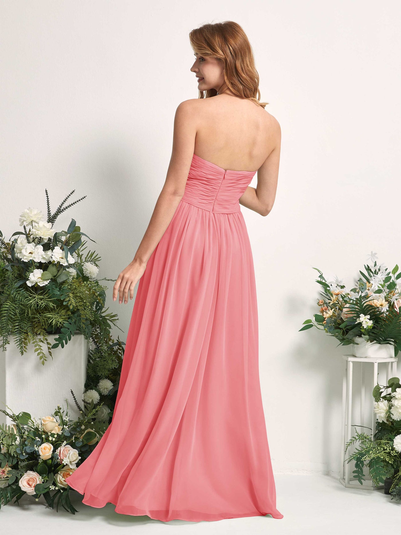 Carlyna Robe Trapèze Col cœur Longueur ras du sol Mousseline Froncé Demoiselle d'honneur Rose Corail #couleur_rose-corail