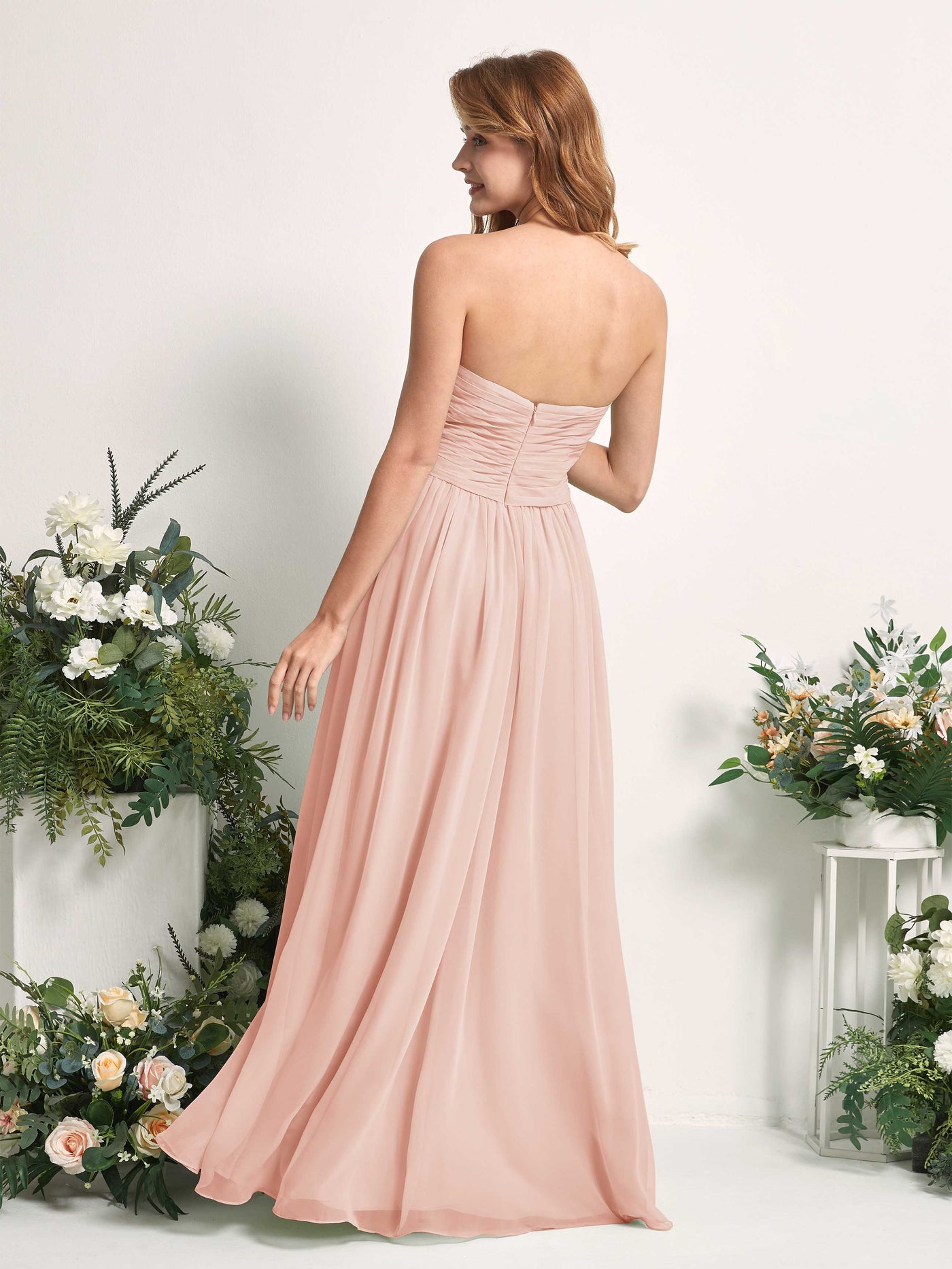 Carlyna Robe Trapèze Col cœur Longueur ras du sol Mousseline Froncé Demoiselle d'honneur Rose Perle #couleur_rose-perle