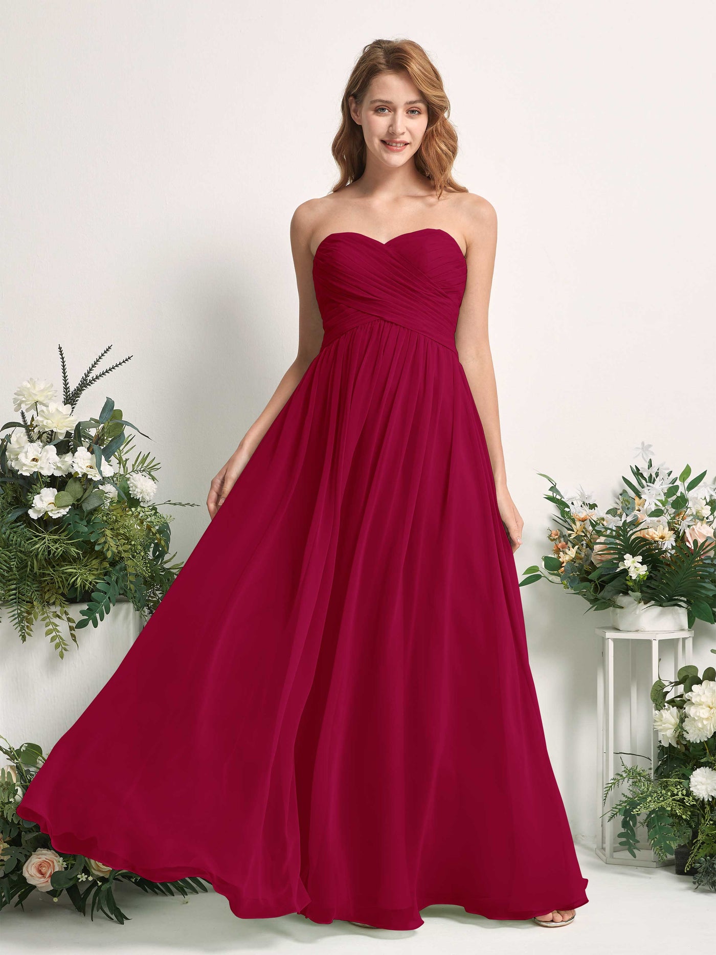 Carlyna Robe Trapèze Col cœur Longueur ras du sol Mousseline Froncé Demoiselle d'honneur Rouge Bouffon #couleur_rouge-bouffon