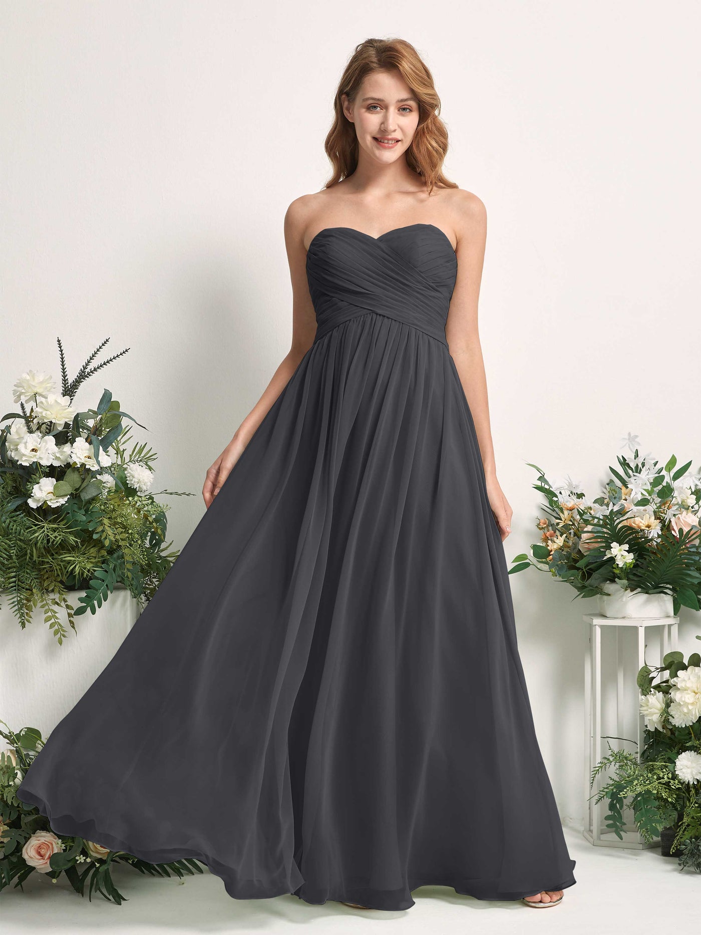 Carlyna Robe Trapèze Col cœur Longueur ras du sol Mousseline Froncé Demoiselle d'honneur Étain #couleur_tain
