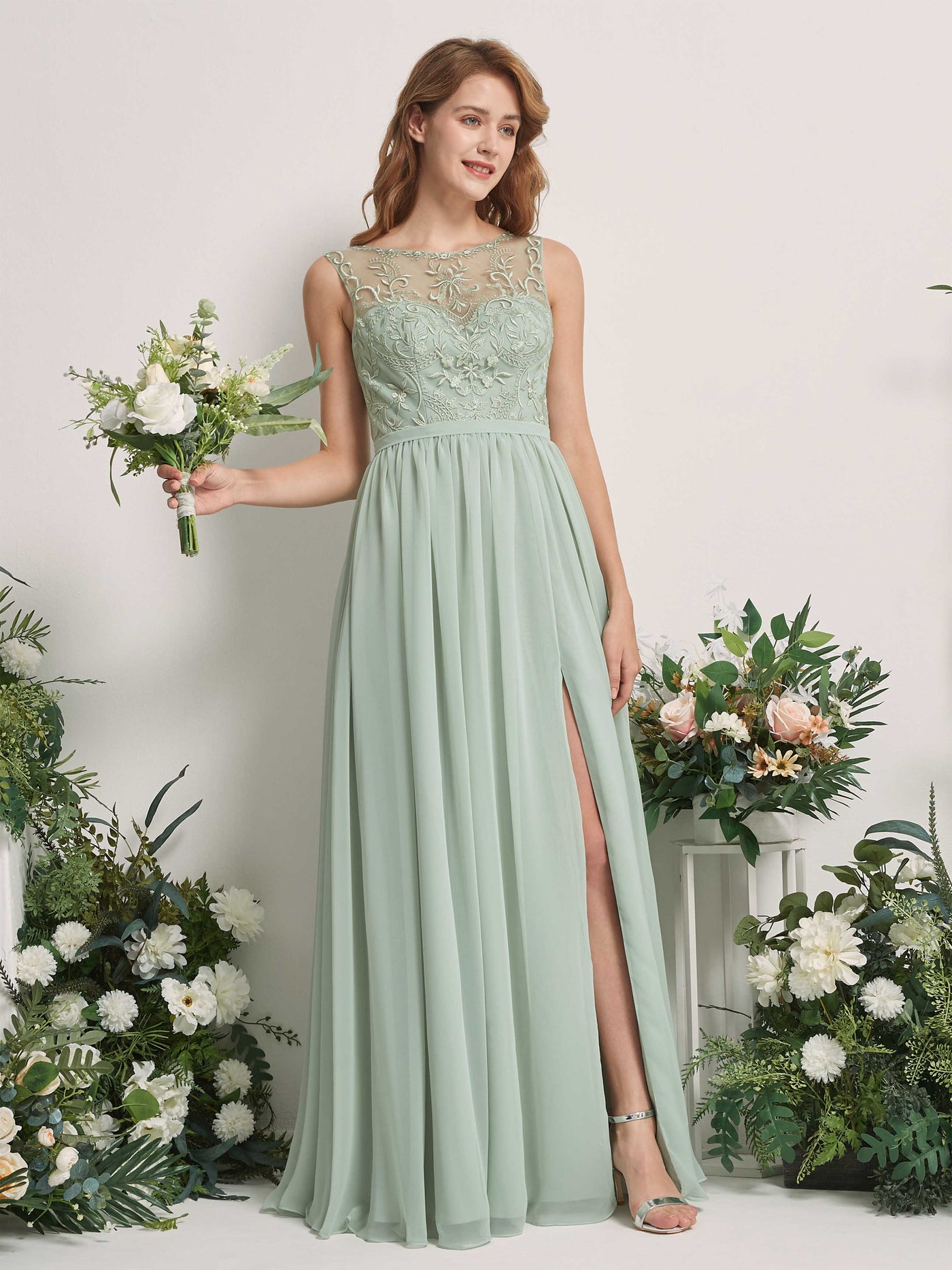 Carlyna Robe Trapèze Col Illusion Longueur Ras du Sol Robes de Demoiselle d'honneur Vert Sauge Foncé #couleur_vert-sauge-fonc