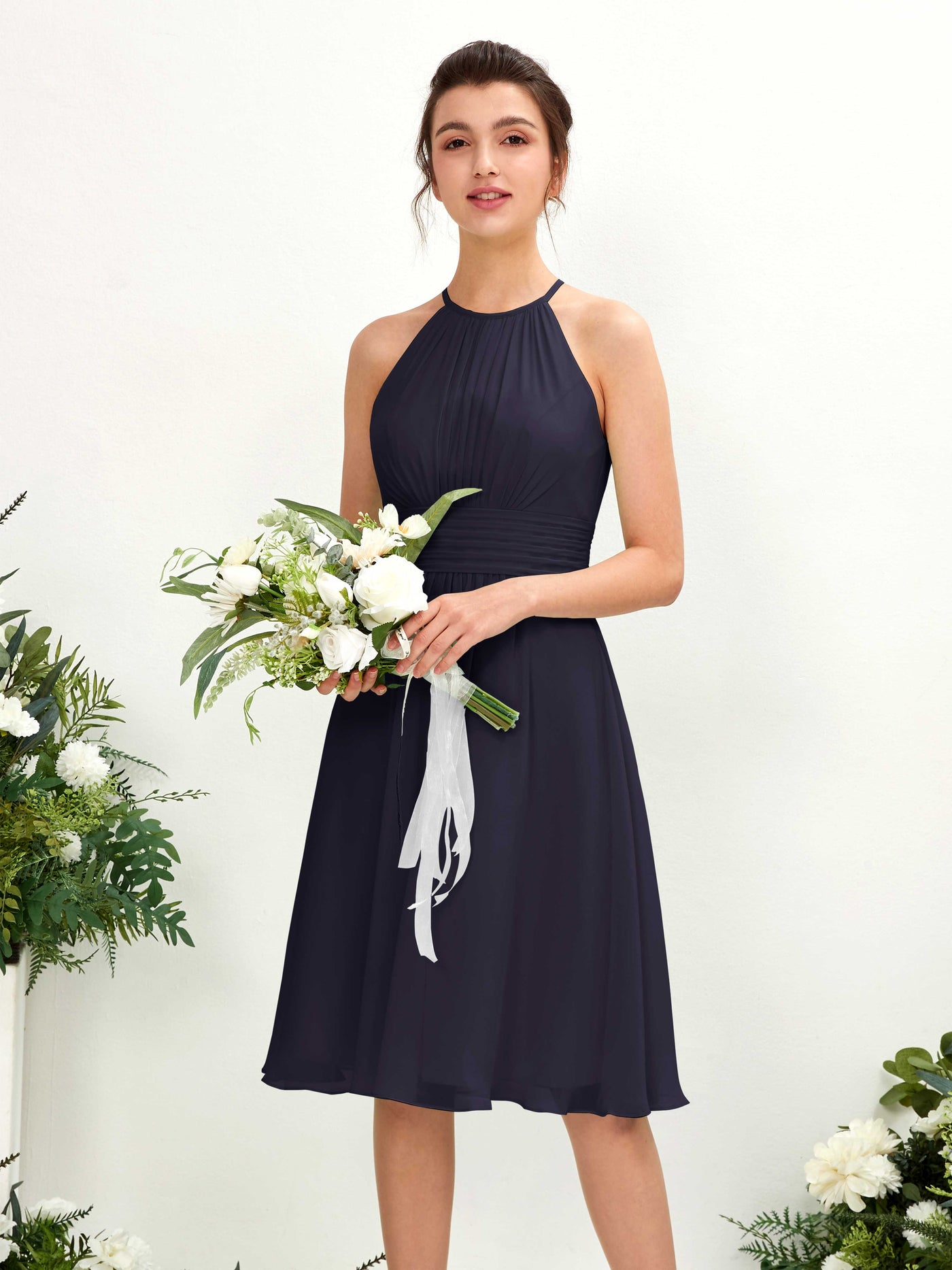 Carlyna Robe trapèze col rond longueur genou mousseline demoiselle d'honneur Bleu Marine Foncé #couleur_bleu-marine-fonc
