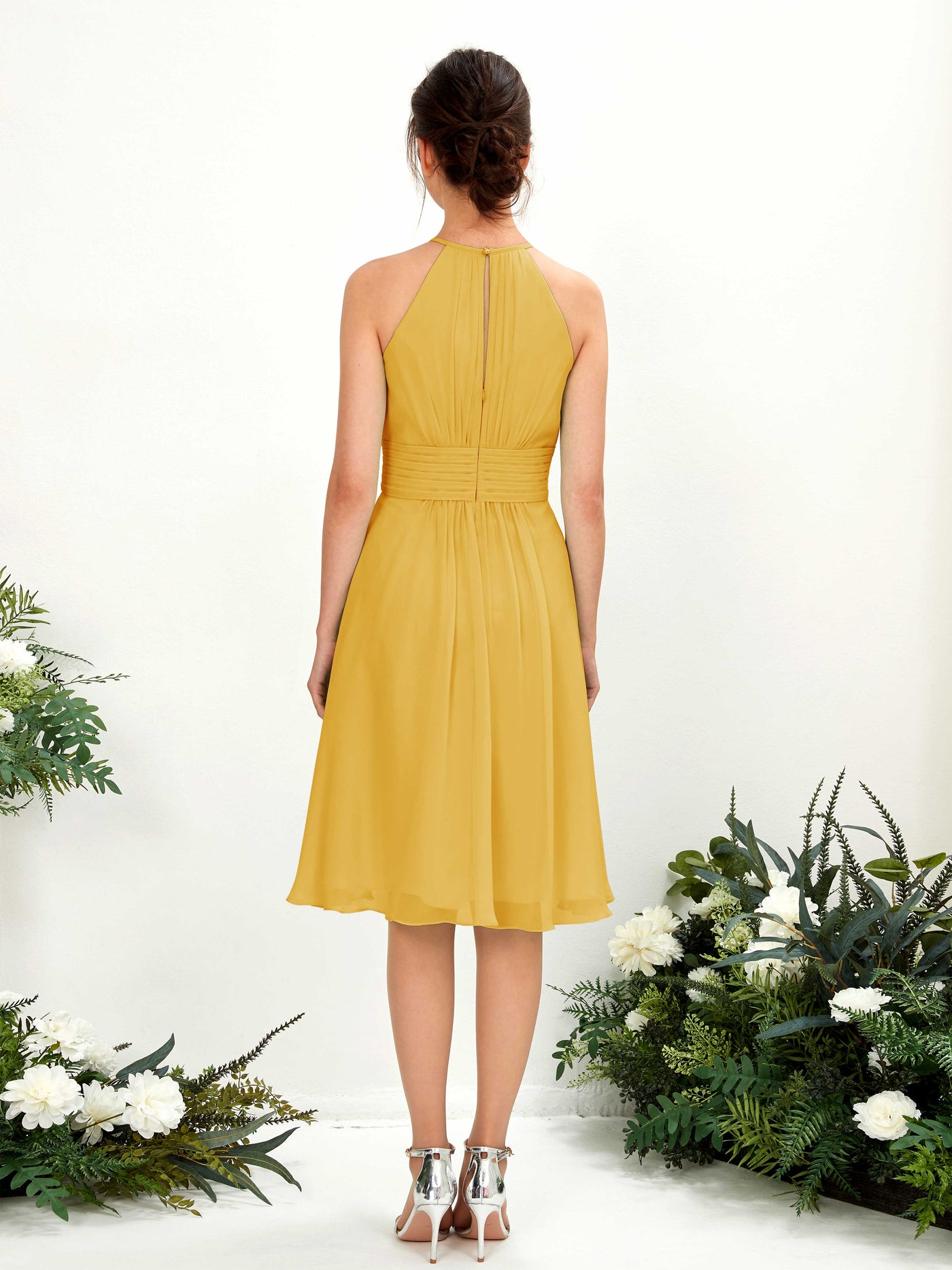 Carlyna Robe trapèze col rond longueur genou mousseline demoiselle d'honneur Jaune Moutard #couleur_jaune-moutard