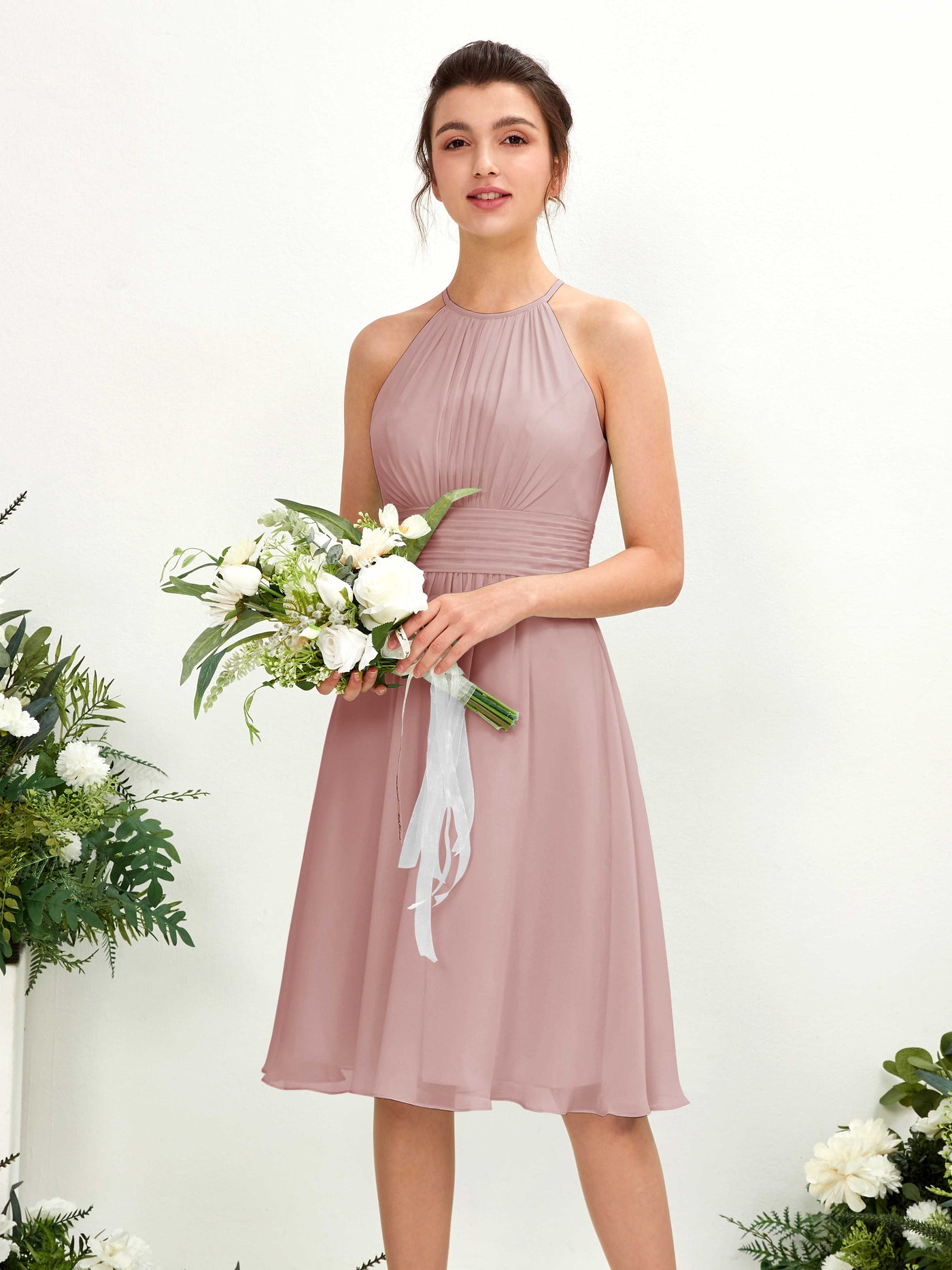 Carlyna Robe trapèze col rond longueur genou mousseline demoiselle d'honneur Rose Poussiéreux #couleur_rose-poussi-reux