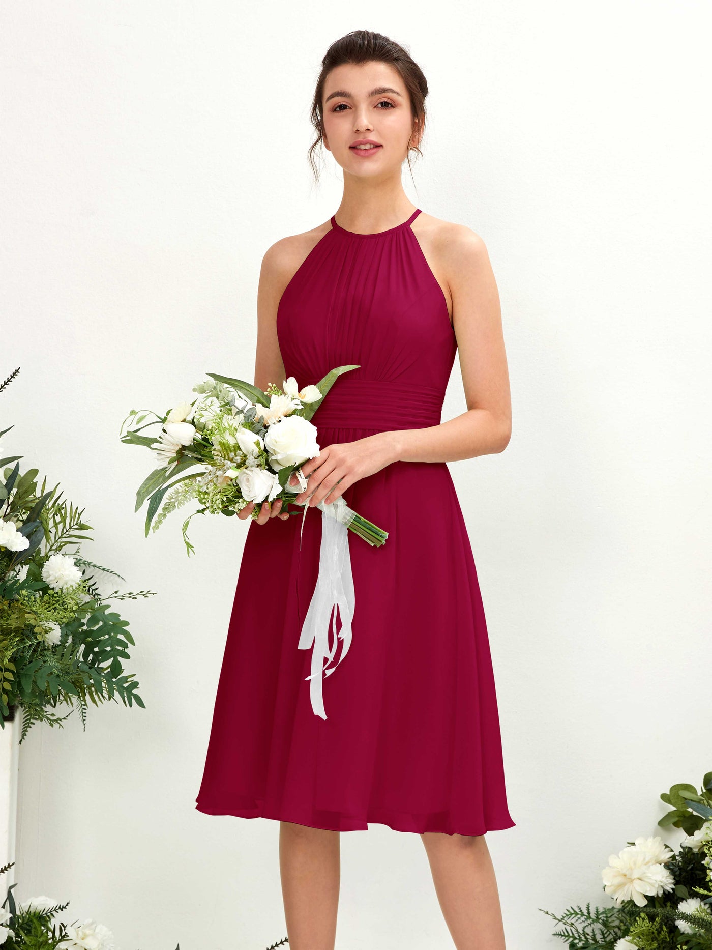 Carlyna Robe trapèze col rond longueur genou mousseline demoiselle d'honneur Rouge Bouffon #couleur_rouge-bouffon