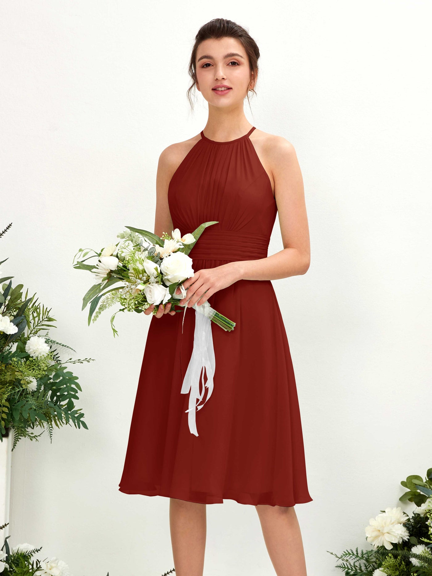 Carlyna Robe trapèze col rond longueur genou mousseline demoiselle d'honneur Rouille #couleur_rouille