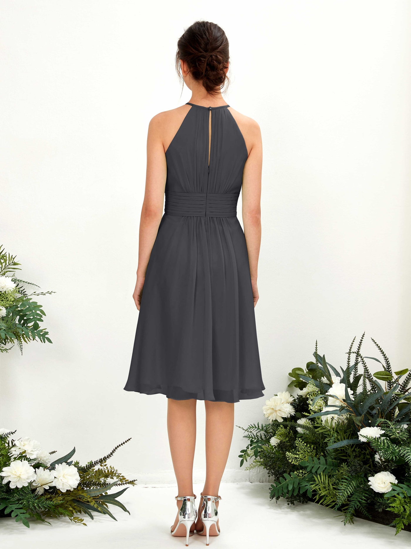Carlyna Robe trapèze col rond longueur genou mousseline demoiselle d'honneur Étain #couleur_tain