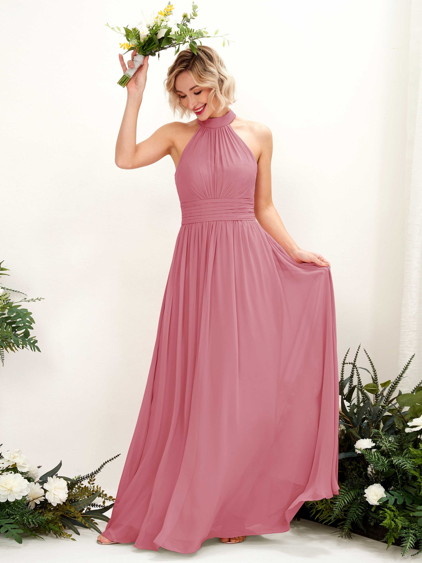 Carlyna Robe Trapèze Col Rond Longueur Ras du Sol Demoiselle d'Honneur Rose Du Désert #couleur_rose-du-d-sert