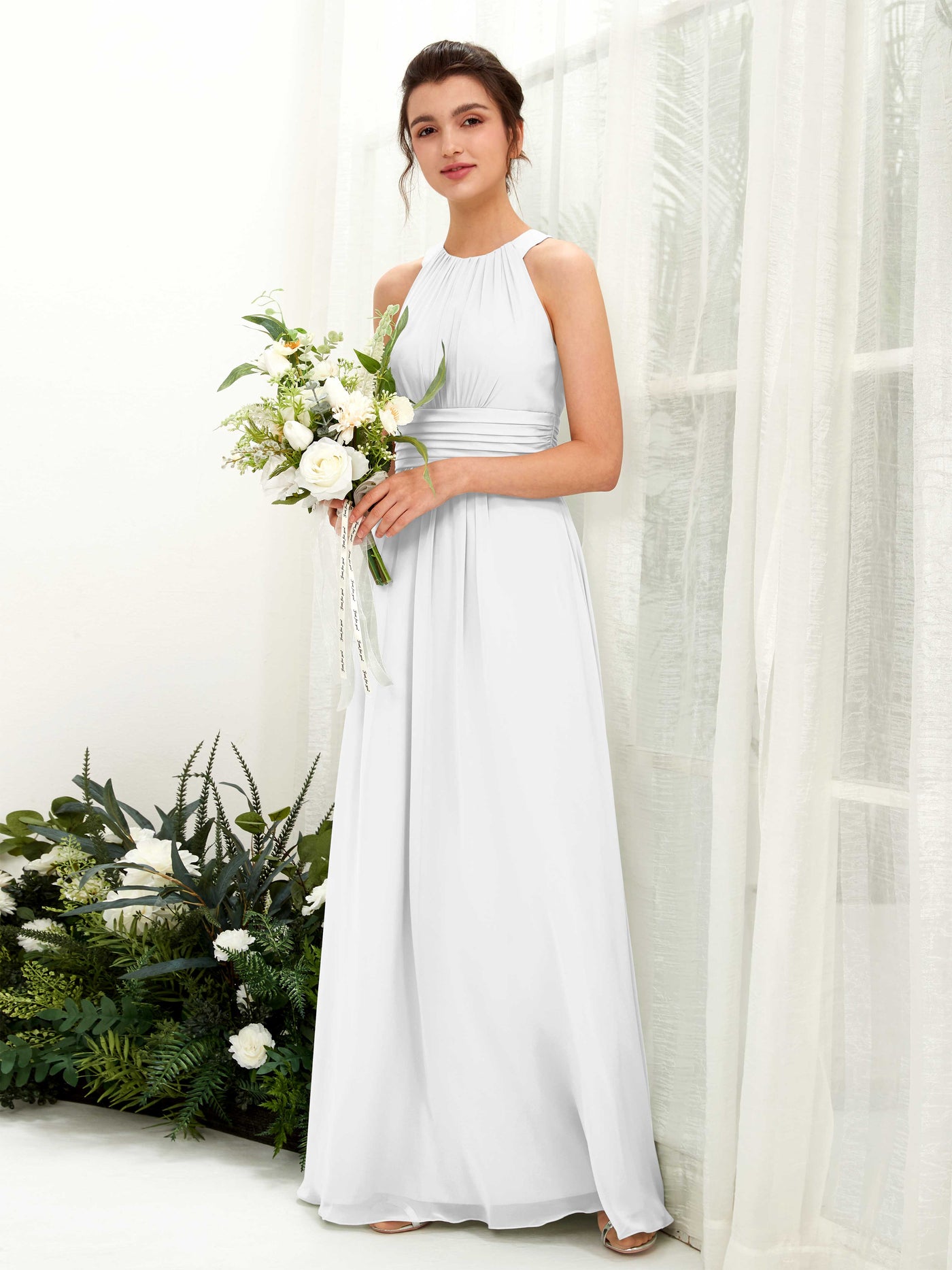 Carlyna Robe trapèze col rond longueur ras du sol froncé demoiselle d'honneur Blanc #couleur_blanc