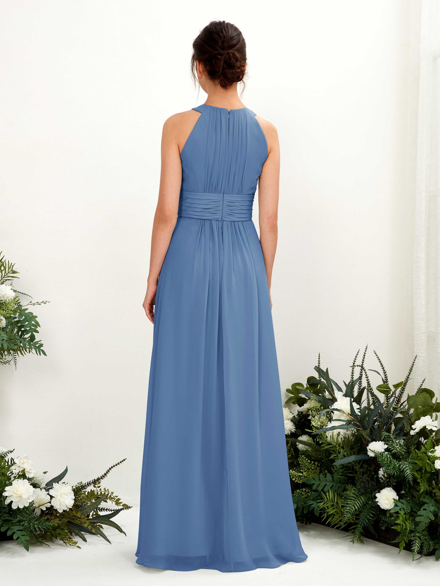 Carlyna Robe trapèze col rond longueur ras du sol froncé demoiselle d'honneur Bleu Poussiéreux #couleur_bleu-poussi-reux
