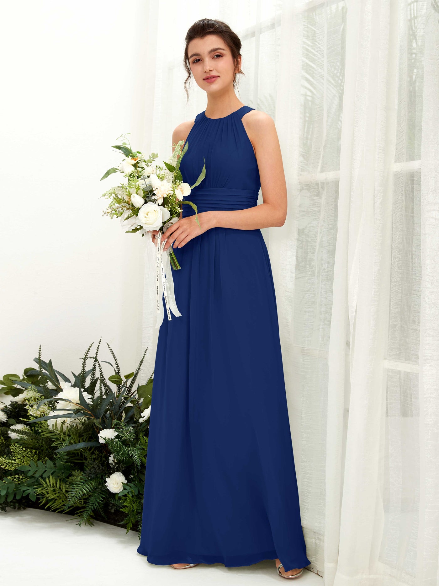 Carlyna Robe trapèze col rond longueur ras du sol froncé demoiselle d'honneur Bleu Roi #couleur_bleu-roi
