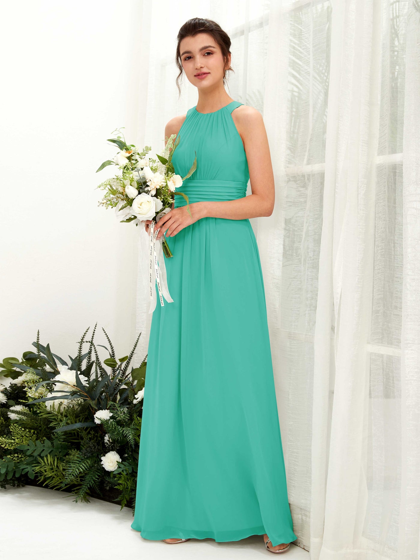 Carlyna Robe trapèze col rond longueur ras du sol froncé demoiselle d'honneur Bleu Tiffany #couleur_bleu-tiffany