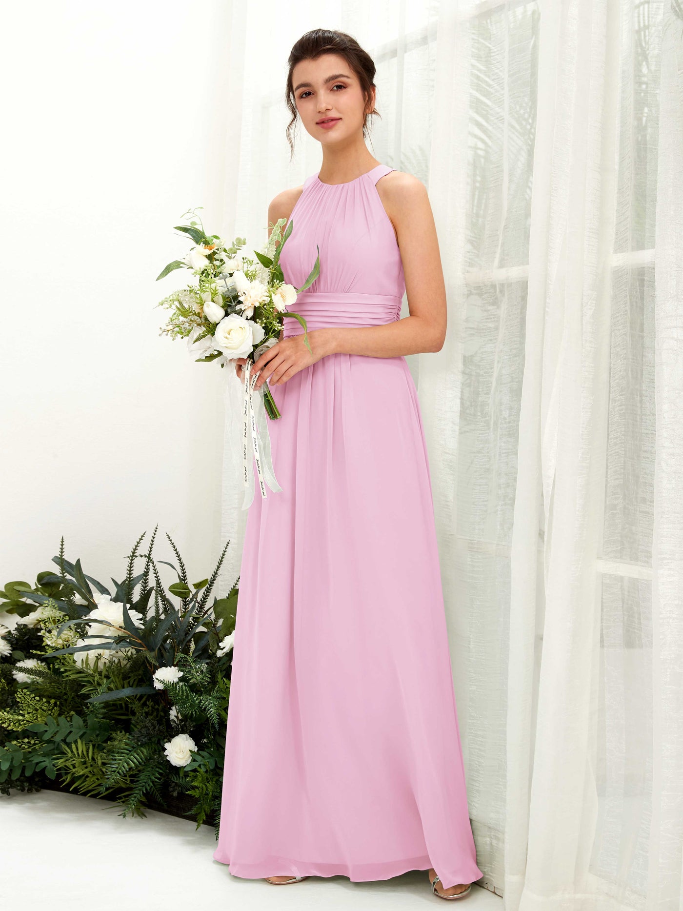 Carlyna Robe trapèze col rond longueur ras du sol froncé demoiselle d'honneur Rose Bonbon #couleur_rose-bonbon
