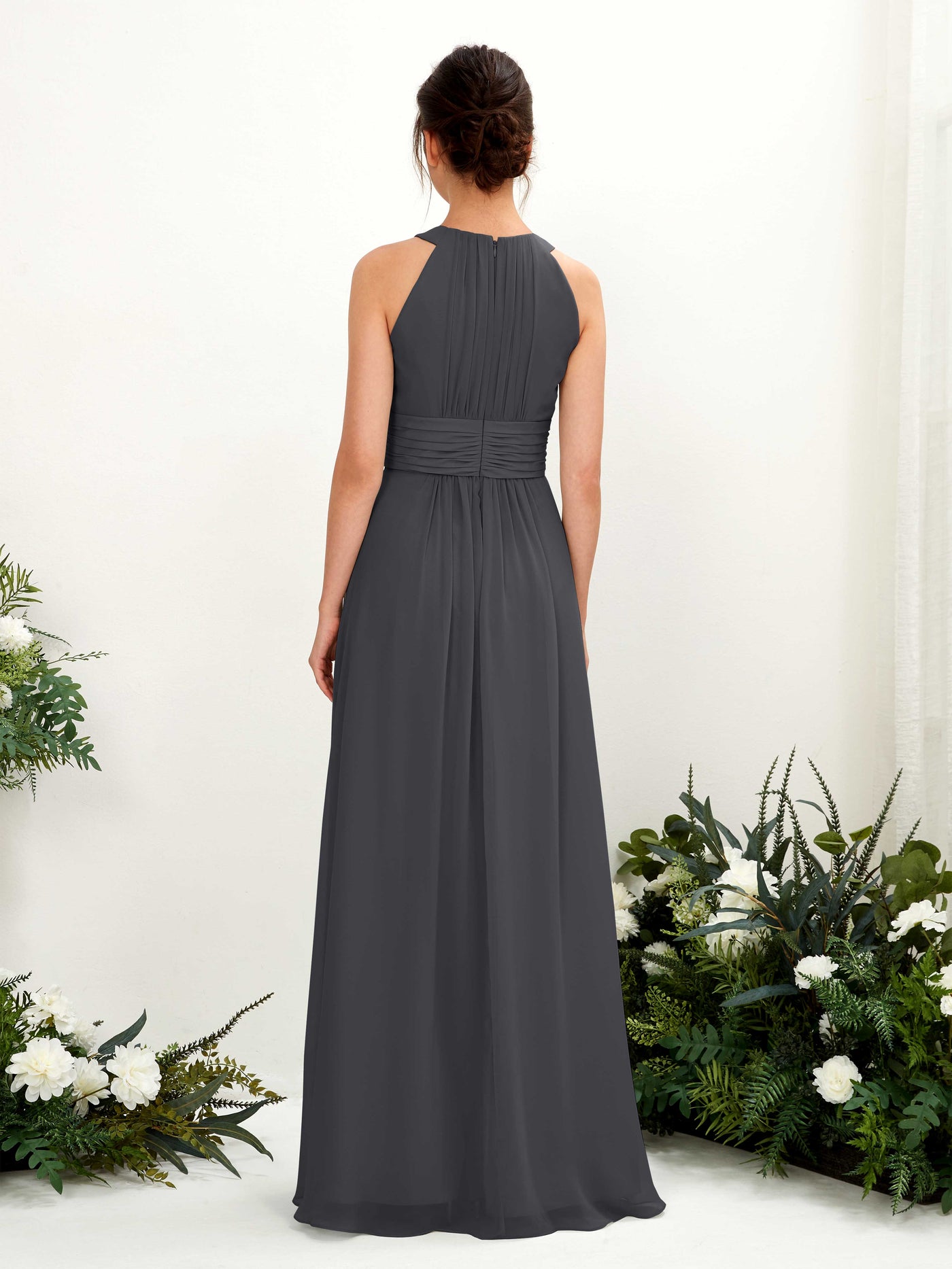 Carlyna Robe trapèze col rond longueur ras du sol froncé demoiselle d'honneur Étain #couleur_tain