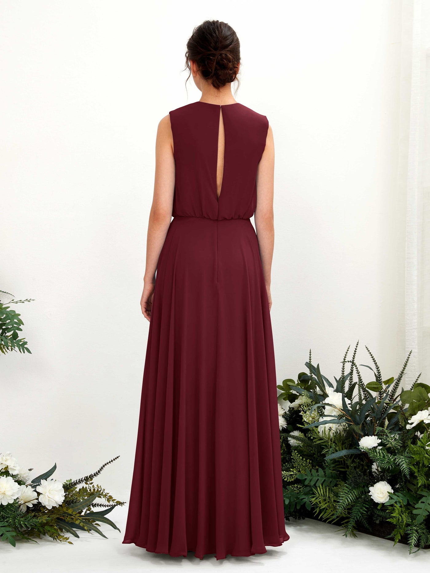 Carlyna Robe trapèze col rond longueur ras du sol mousseline demoiselle d'honneur Bordeaux #couleur_bordeaux