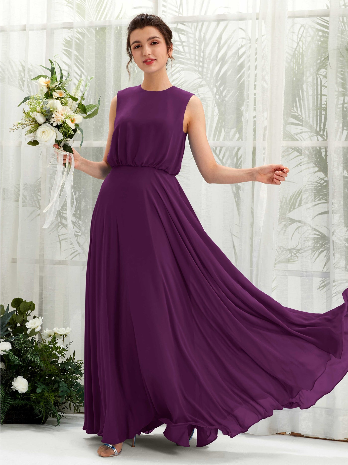 Carlyna Robe trapèze col rond longueur ras du sol mousseline demoiselle d'honneur Pourpre #couleur_pourpre