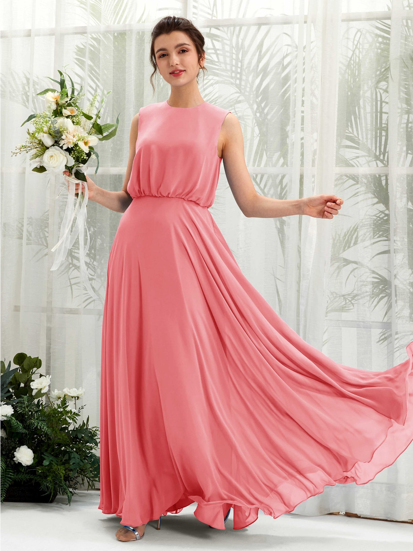 Carlyna Robe trapèze col rond longueur ras du sol mousseline demoiselle d'honneur Rose Corail #couleur_rose-corail