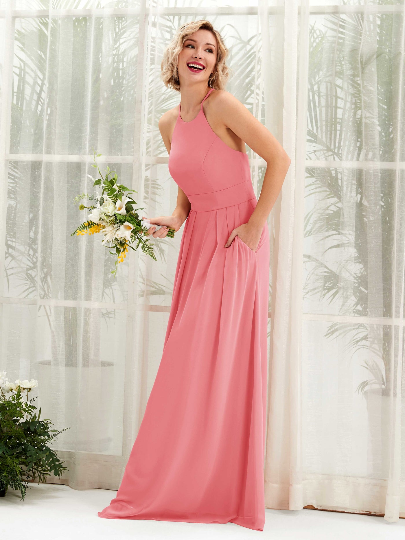 Carlyna Robe Trapèze Col Rond Longueur Ras du Sol Poches Demoiselle d'Honneur Rose Corail #couleur_rose-corail