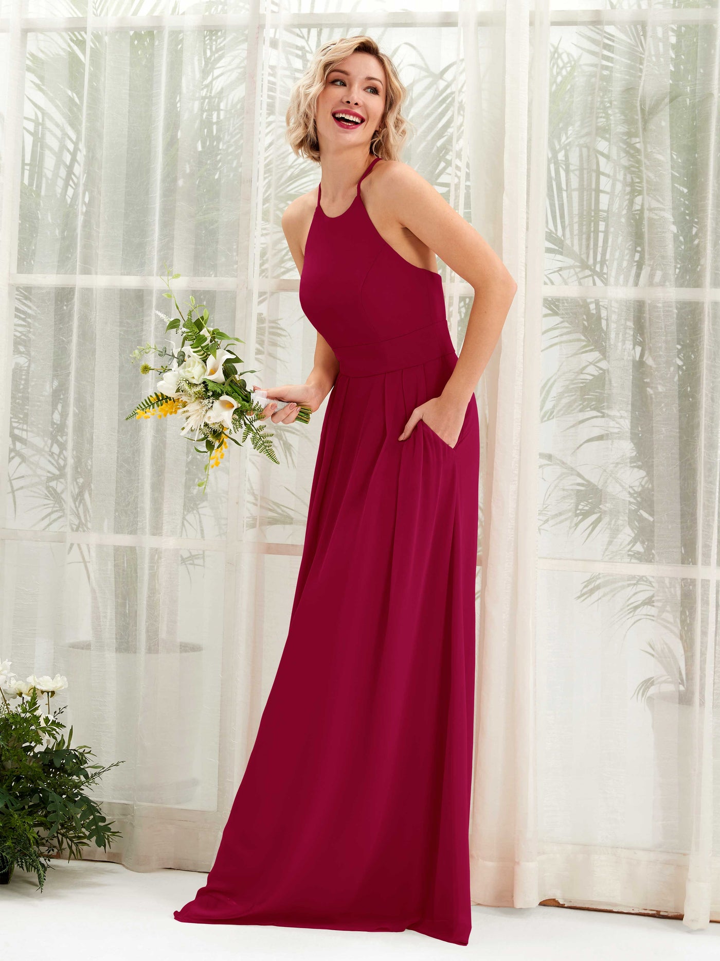 Carlyna Robe Trapèze Col Rond Longueur Ras du Sol Poches Demoiselle d'Honneur Rouge Bouffon #couleur_rouge-bouffon